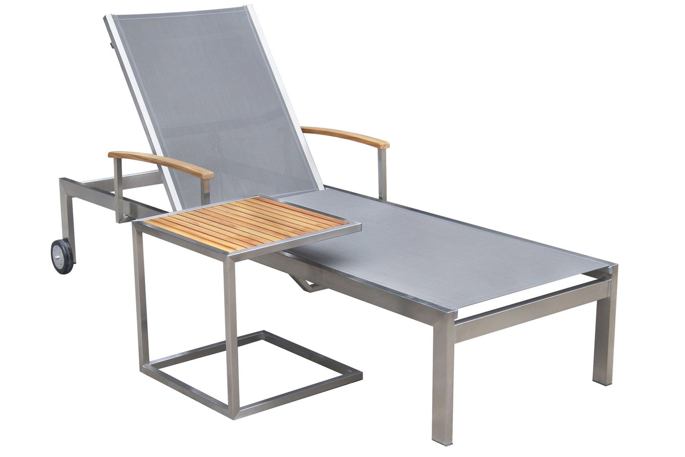 OUTFLEXX Set lettini prendisole, argento, acciaio inox/teak, 195,5x74x35cm, con braccioli, incl. tavolino d'appoggio 45x45cm, prodotto certificato FSC® 16546__1