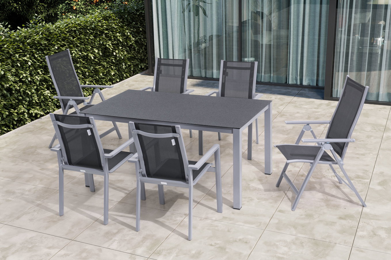 OUTFLEXX Gruppo da pranzo da giardino, argento/antracite, Alu/Spraystone/Textilene, 160 x 95 cm, 4 poltrone impilabili, 2 sedie pieghevoli 28174__1