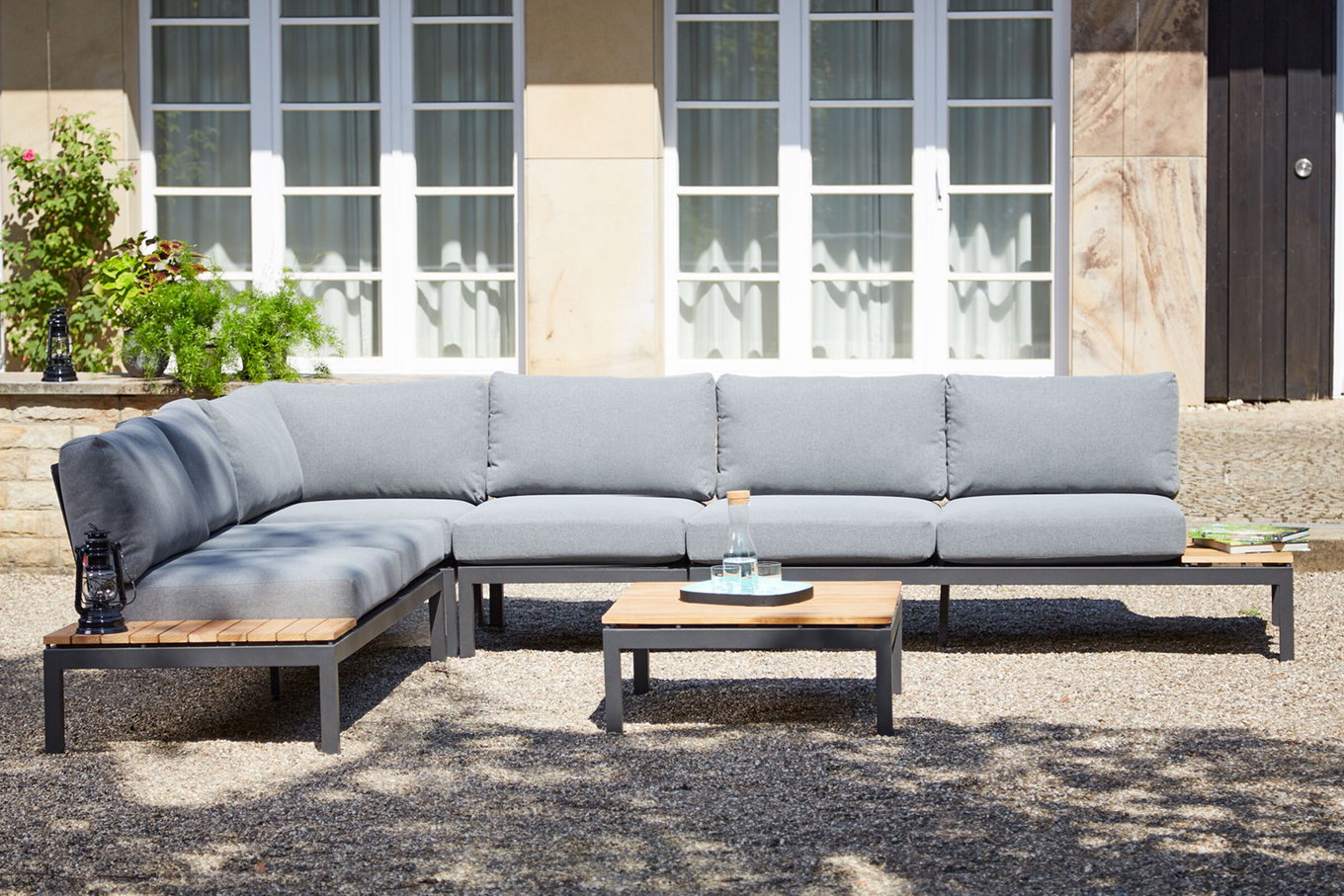 SIENA GARDEN Alvida salotto da giardino, antracite opaco/grigio, Alu/tessuto Ranotex®/Teak, tavolo 74x74 cm, 5 persone, inclusi cuscini 22093__1