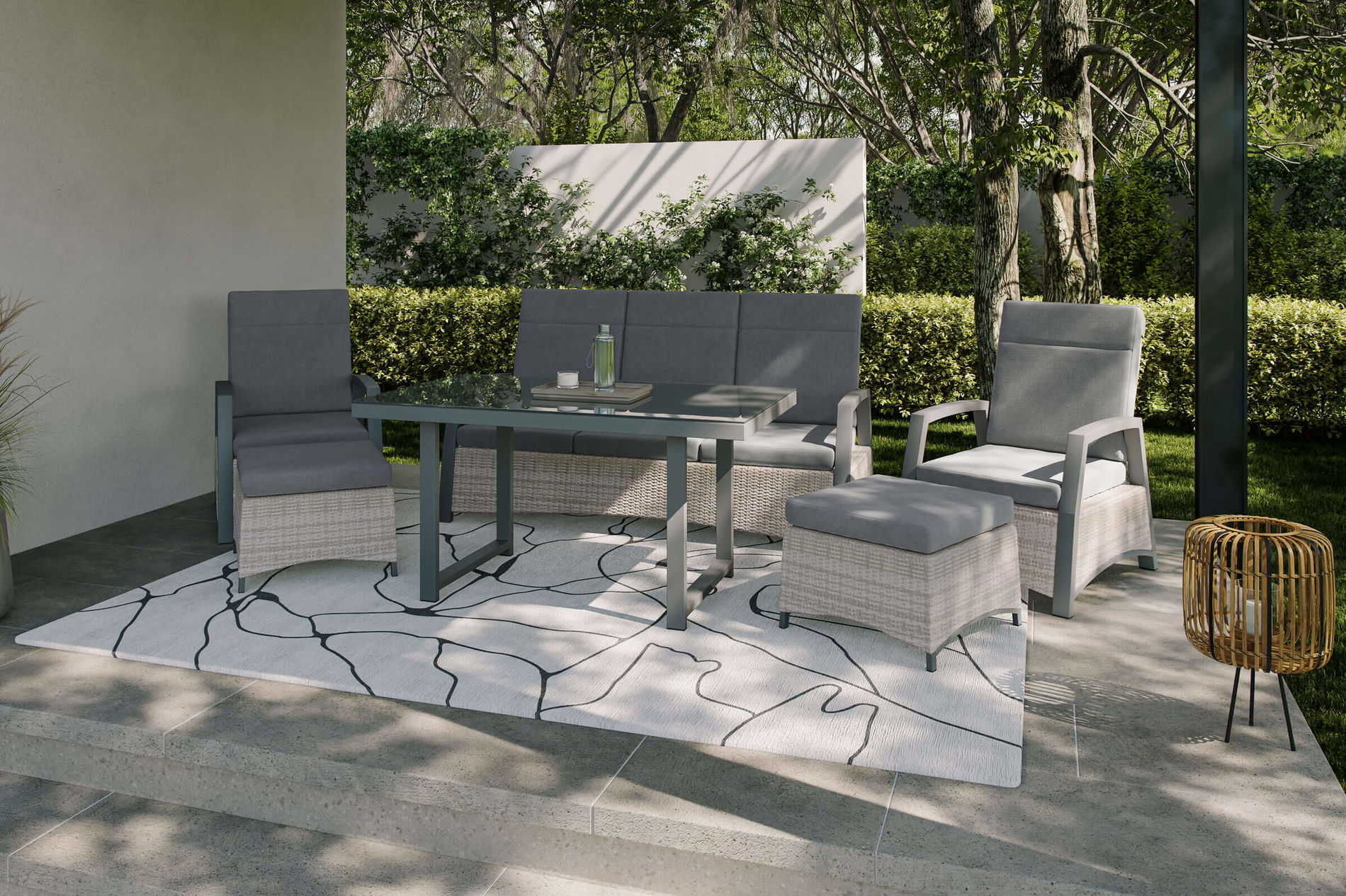 OUTFLEXX Marbella salotto da giardino, antracite opaco/grigio chiaro, alluminio/polyrattan, tavolo 140 x 80 cm, inclusi cuscini