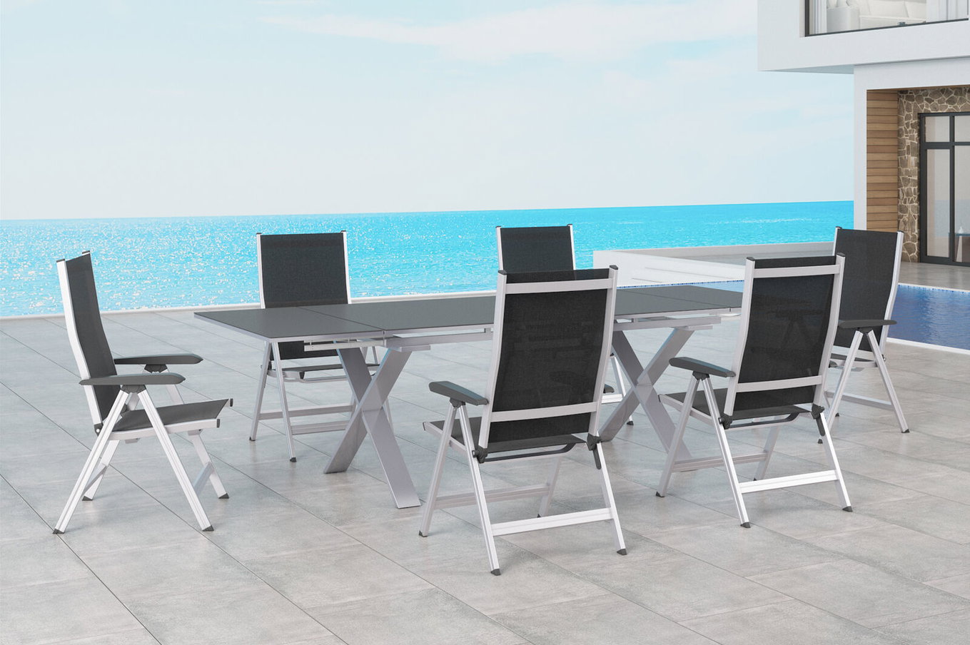 KETTLER BasicPlus Gruppo tavolo da pranzo da giardino, argento / antracite, Alu / Spraystone / Textil, tavolo 180/280x100cm, 6 sedie pieghevoli 23007__1