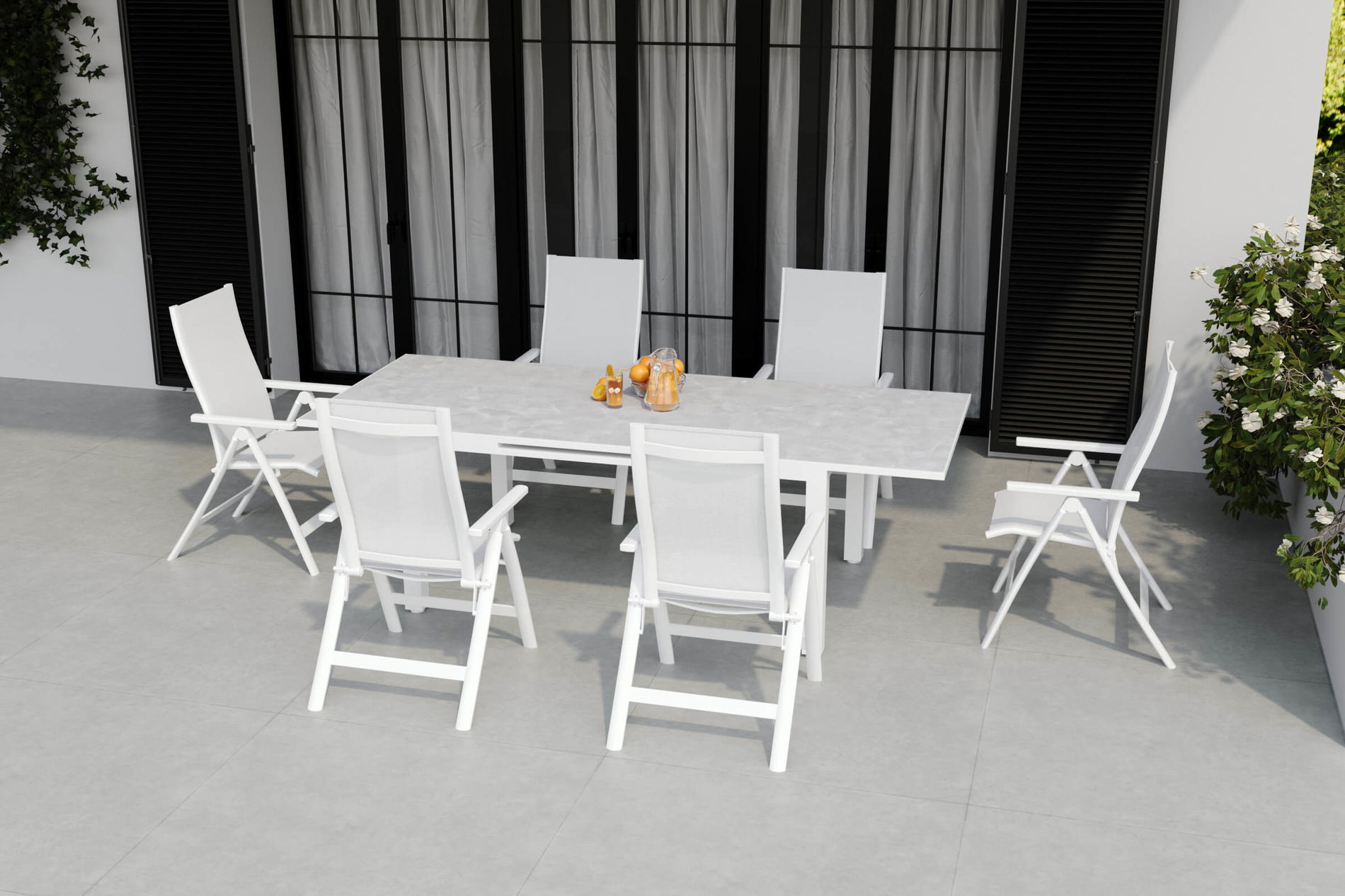 Set da pranzo da giardino OUTFLEXX per 6 persone, crema/bianco, alluminio/vetro di sicurezza, tavolo allungabile 180/240 x 100 cm, sedie pieghevoli