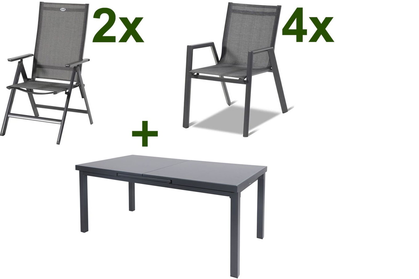 HARTMAN Aruba Gruppo pranzo giardino, xerix, Alu/Textilene, tavolo 180/240x100cm, 4 impilabili, 2 sedie pieghevoli 19347__1