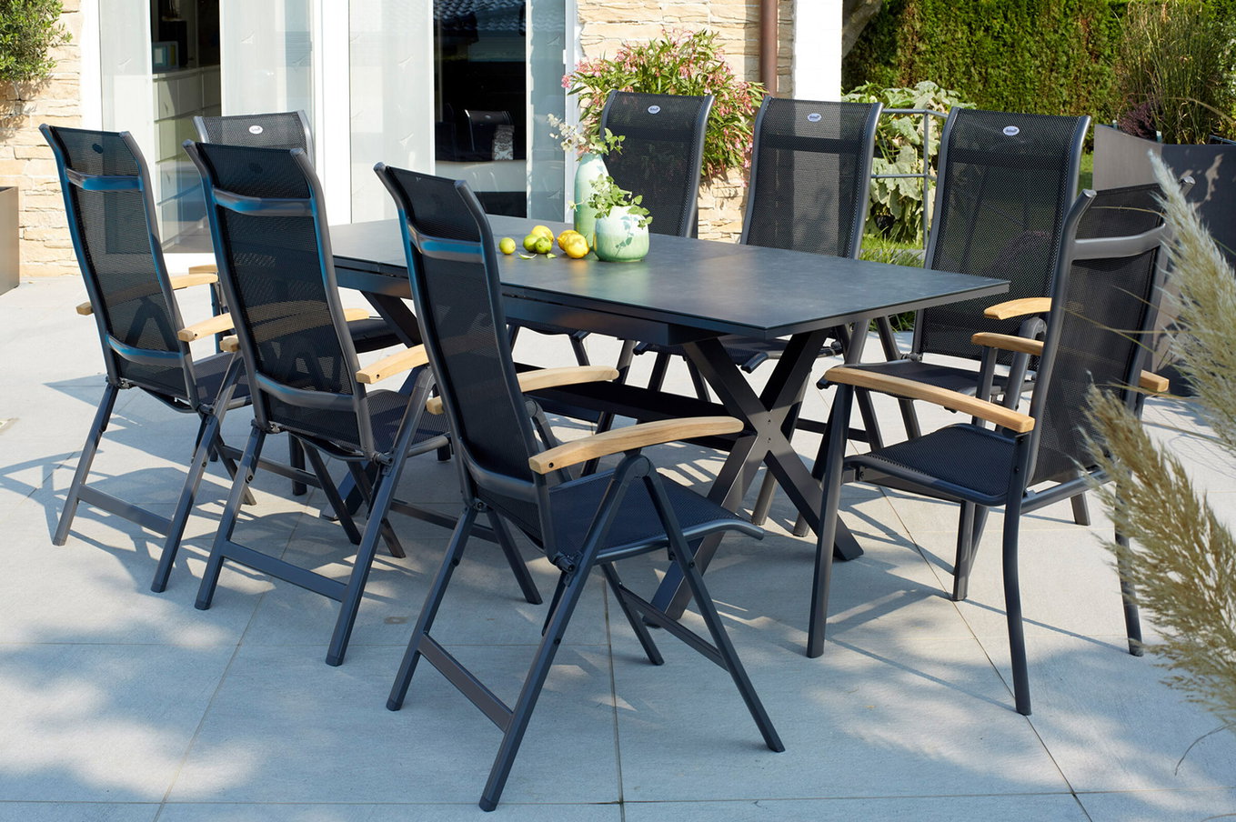 HARTMAN Xanadu / Alice Set da pranzo da giardino, xerix/naturale, Alluminio/Teak/Vetroceramica, 4x4 Textilen, 8 Sedie pieghevoli, 160/220x100cm, Braccioli in Teak 23246__1