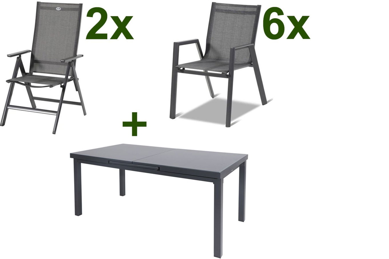 HARTMAN Aruba Gruppo pranzo giardino, xerix, Alu/Textilene, tavolo 180/240x100cm, 6 impilabili, 2 sedie pieghevoli 19348__1
