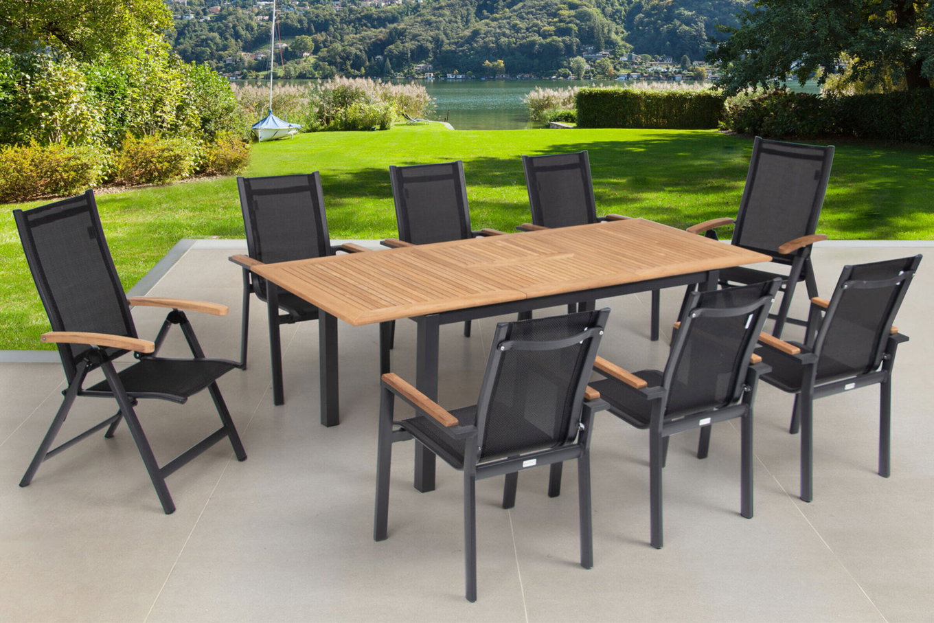 OUTFLEXX Gruppo da pranzo da giardino, OUTFLEXX® antracite opaco, Alu / Teak / Textilene, tavolo 150/210 x 90 cm, 6 poltrone impilabili, 2 sedie pieghevoli 22172__1