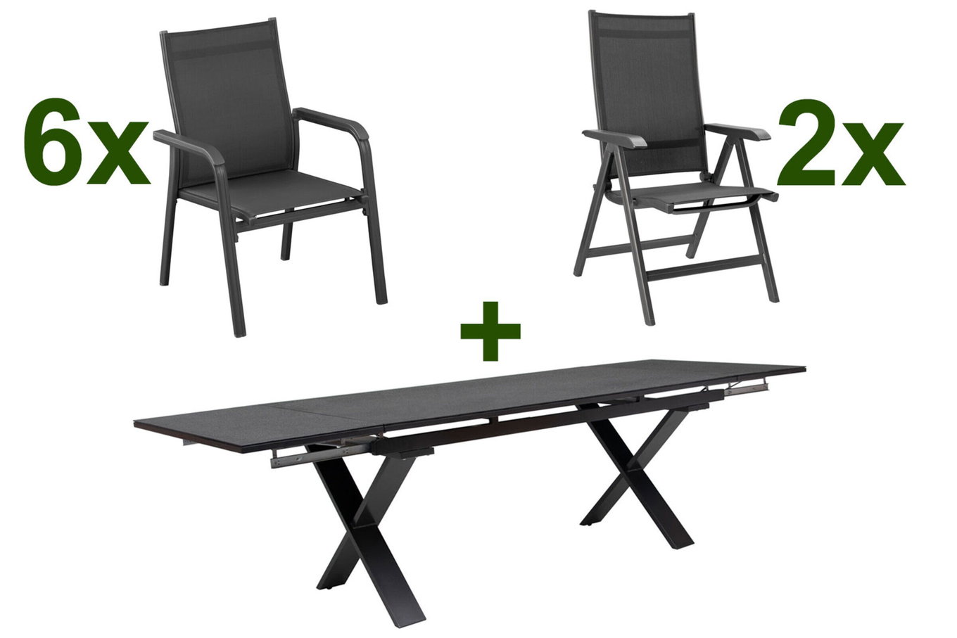 KETTLER BasicPlus Set da pranzo da giardino, antracite, alluminio / Spraystone / tessuto, tavolo 180/280 x 100 cm, 6 poltrone impilabili, 2 sedie pieghevoli 23080__1
