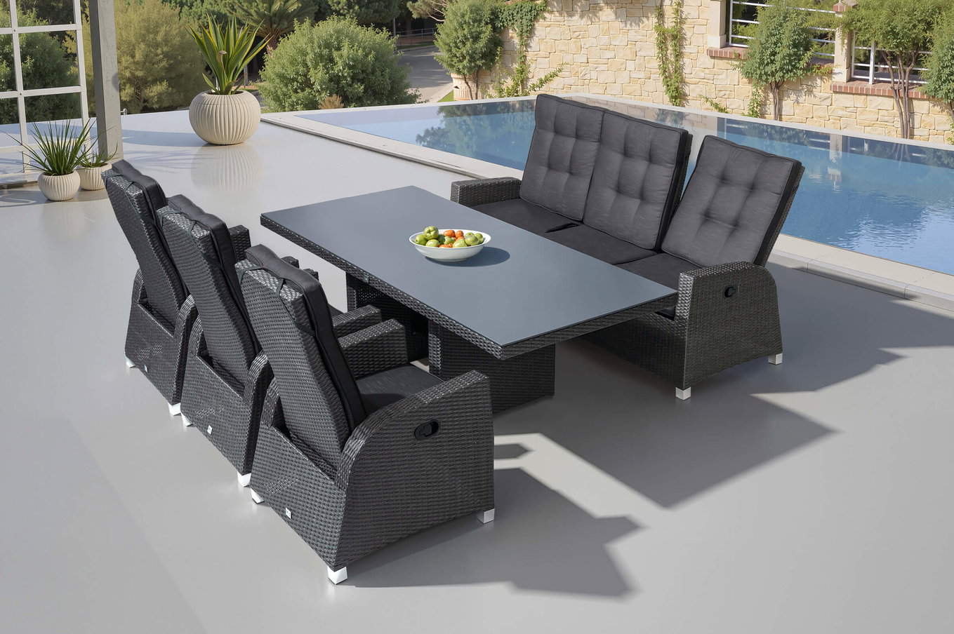 Ploß Rocking Comfort Gruppo da pranzo da giardino, grigio/marrone screziato, Polyrattan, tavolo 220 x 100 cm, 3 poltrone lounge+divano 3 posti 21082__1