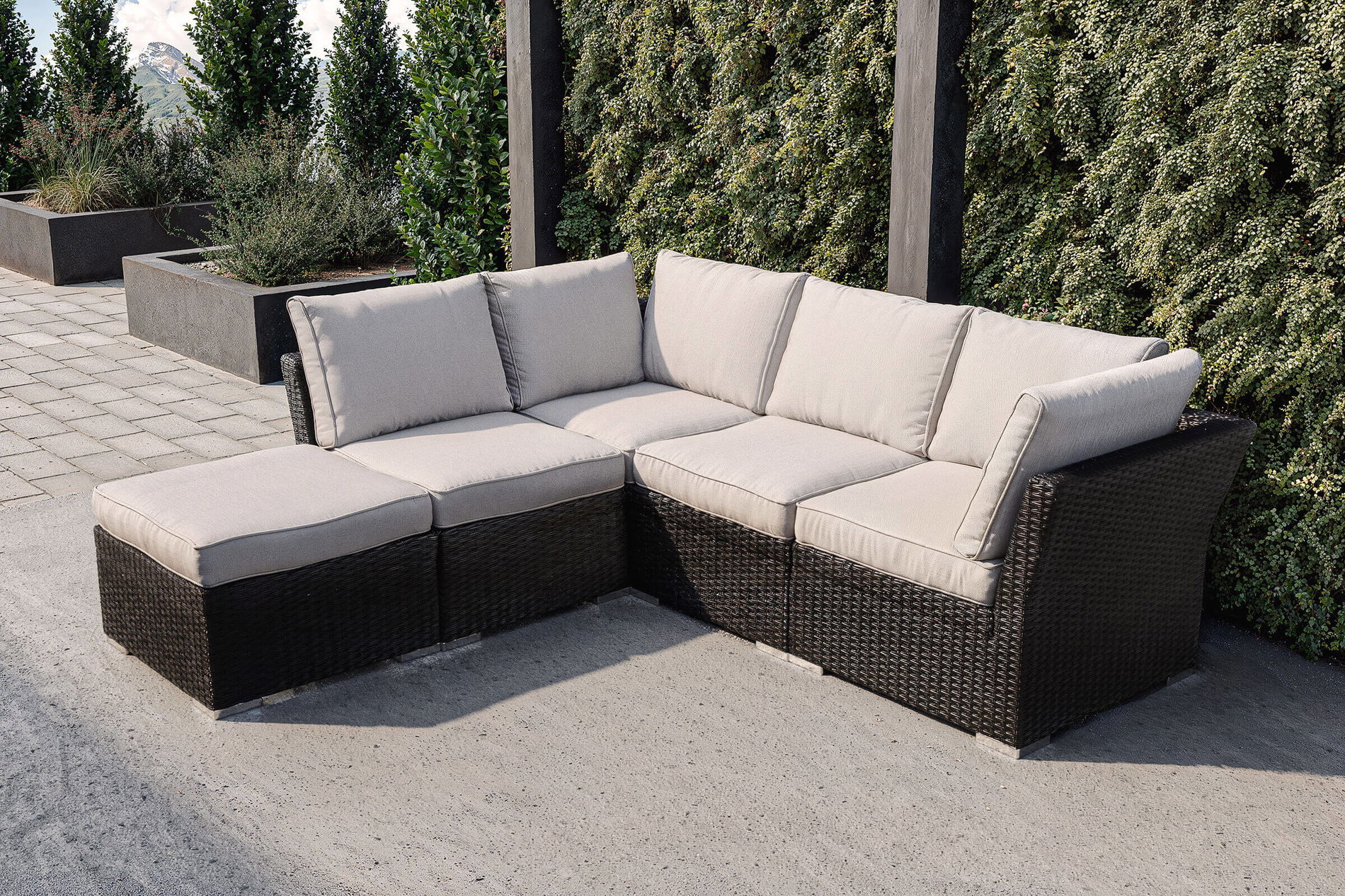 OUTFLEXX salotto da giardino, nero/bianco, alluminio/polirattan, resistente alle intemperie, con funzione baule portacuscini