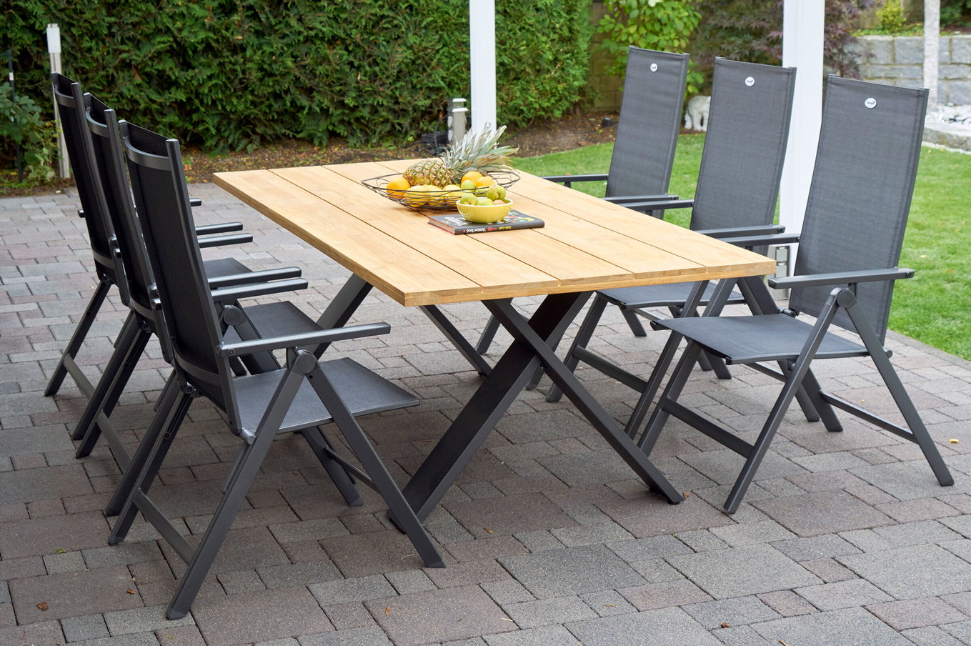 HARTMAN Xanadu / Aruba Gruppo pranzo da giardino, xerix/antracite, Alu/Legno di teak, 6 sedie pieghevoli, 220x100cm 21175__1