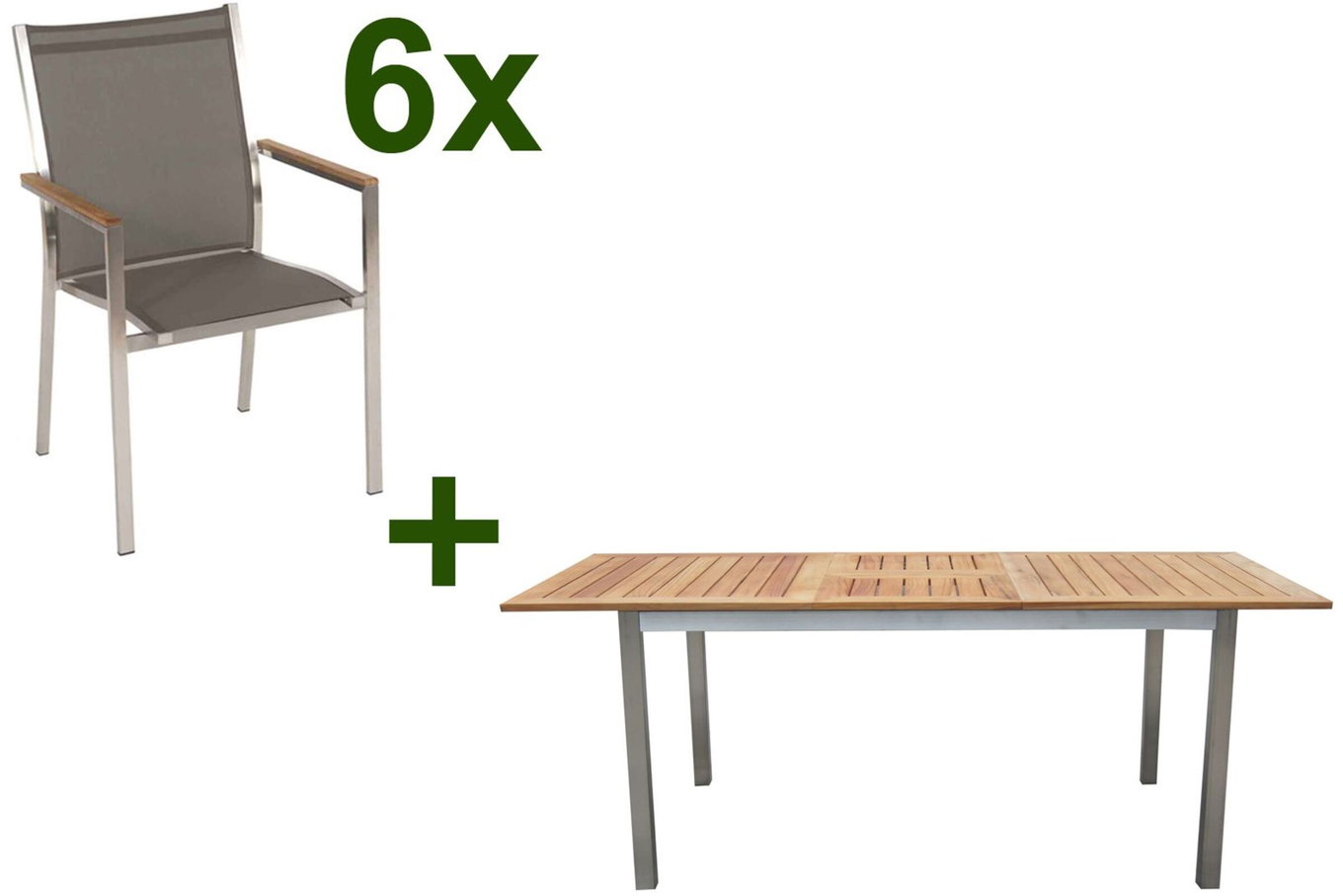 STERN Cardiff Set da pranzo da giardino, argento/taupe, Acciaio inox/Teak, tavolo 150/200 x 90 cm, 6 poltrone impilabili 19698__1