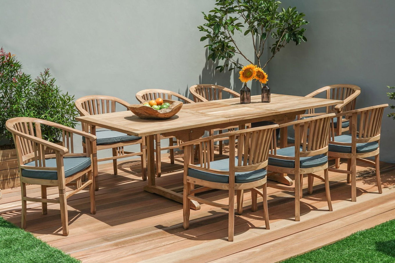Gruppo tavolo da pranzo da giardino OUTFLEXX, legno di teak, tavolo allungabile 160/210x90cm, 8 poltrone con braccioli, incl. cuscini 19367__1