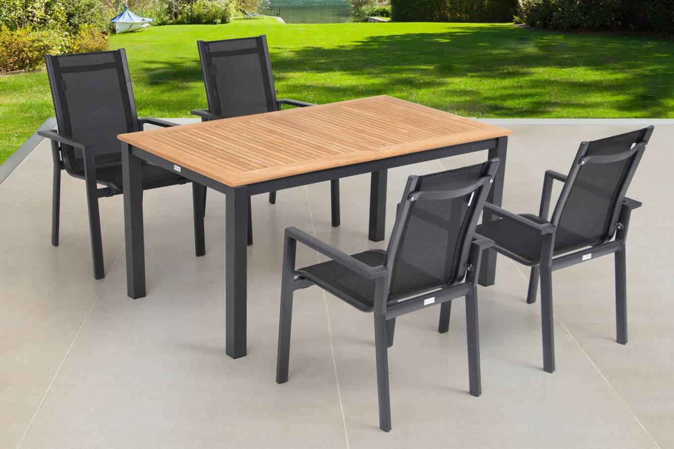 OUTFLEXX Gruppo Pranzo da Giardino, OUTFLEXX® antracite opaco, Alluminio / Teak / Tessuto, Tavolo Allungabile 150/210x90cm, 4 Sedie Impilabili 22176__1