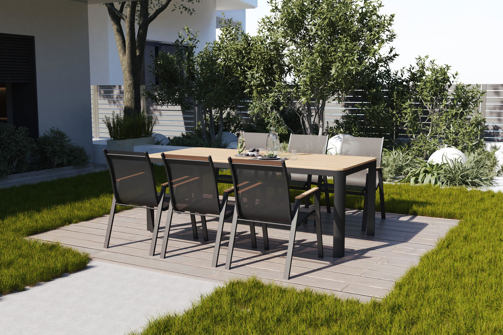 OUTFLEXX Tallinn Set da pranzo da giardino con 6 sedie impilabili, antracite opaco/naturale, alluminio/imitazione legno, tavolo da pranzo 150 x 90 cm
