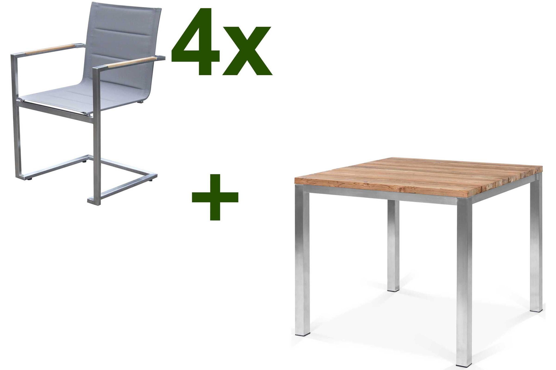OUTFLEXX Gruppo pranzo da giardino, acciaio inossidabile/teak riciclato, tavolo 90 x 90 cm, 4 sedie a sbalzo padded, argento, prodotto certificato FSC® 17259__1