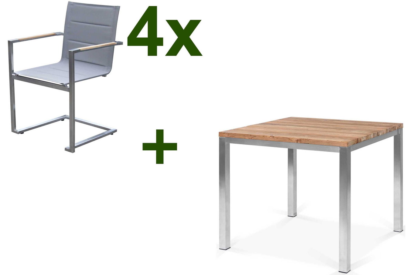 OUTFLEXX Gruppo pranzo da giardino, acciaio inossidabile/teak riciclato, tavolo 90 x 90 cm, 4 sedie a sbalzo padded, argento, prodotto certificato FSC® 17259__1