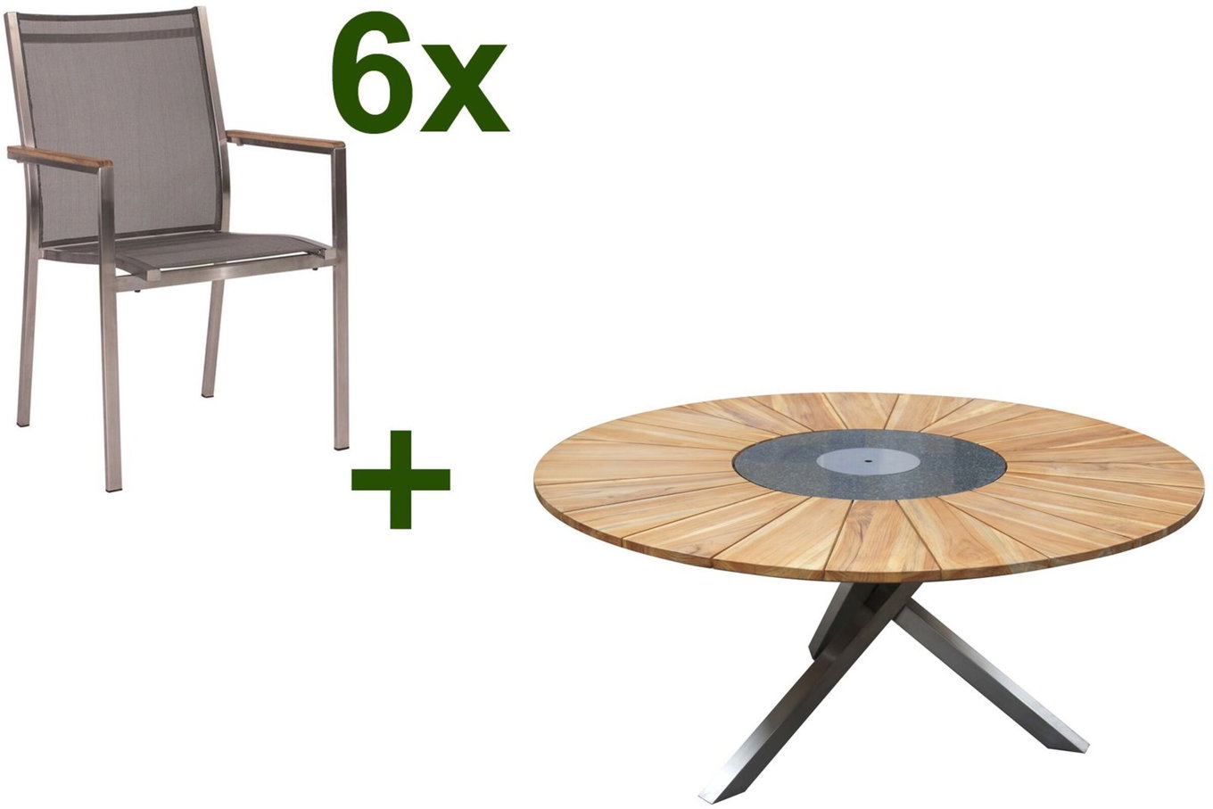 STERN Cardiff Set da pranzo da giardino, argento/grigio argento, Acciaio inox/Teak, tavolo Ø 170 cm, 6 Poltrone impilabili, Prodotto certificato FSC® 19751__1