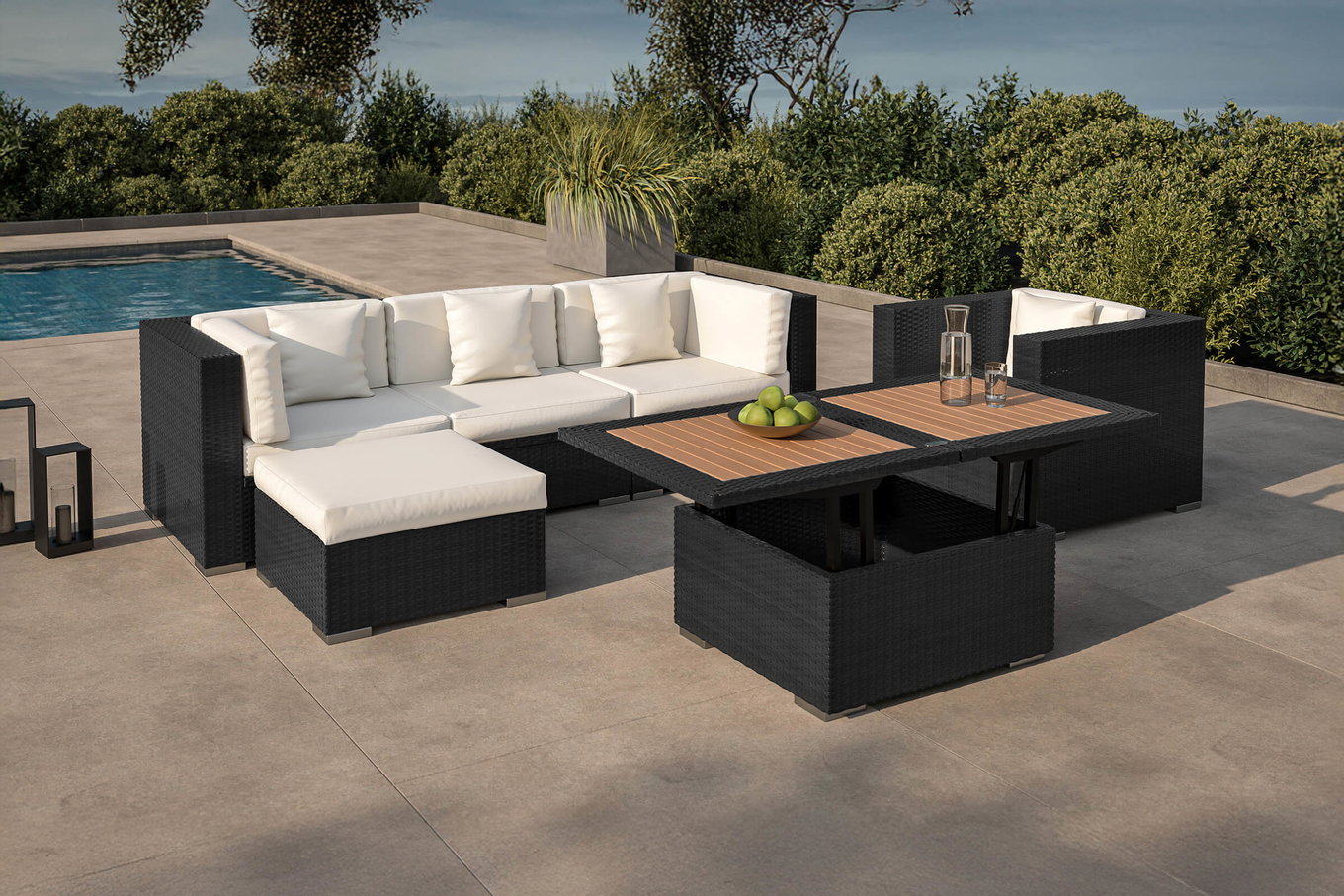 OUTFLEXX salotto da giardino, crema/bianco, nero, polyrattan, 5 persone, incl. tavolo lounge, contenitore cuscini impermeabile 1077_BOX_D__1