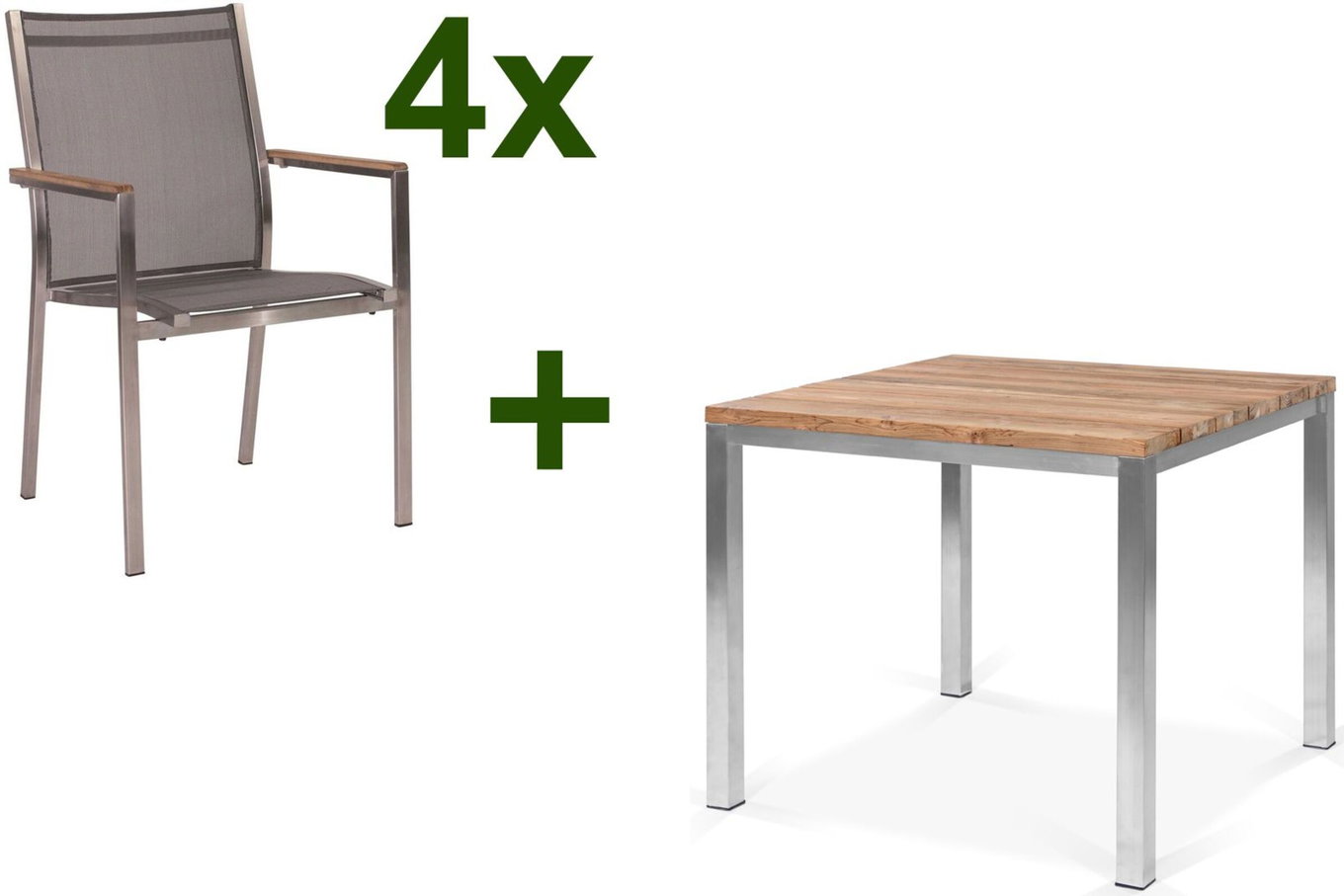 STERN Cardiff Set da pranzo da giardino, argento/grigio argento, Acciaio inossidabile/Teak riciclato, tavolo 90 x 90 cm, 4 Poltrone impilabili, Prodotto certificato FSC® 19769__1