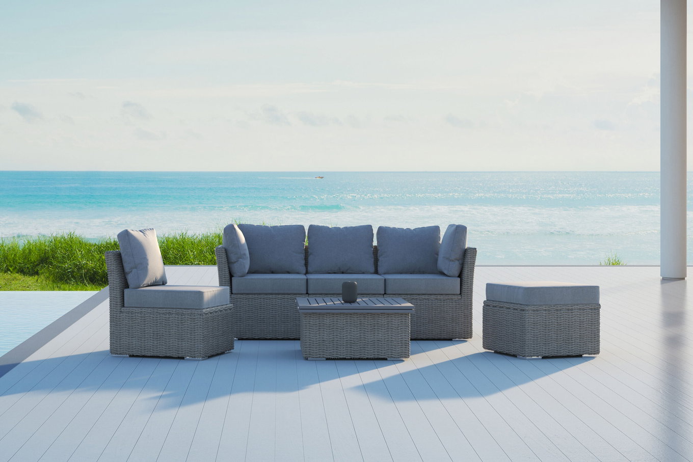 OUTFLEXX salotto da giardino Set, grigio, polyrattan, incl. tavolino lounge, per 5 persone, box portacuscini impermeabile 18370_BOX_D__1