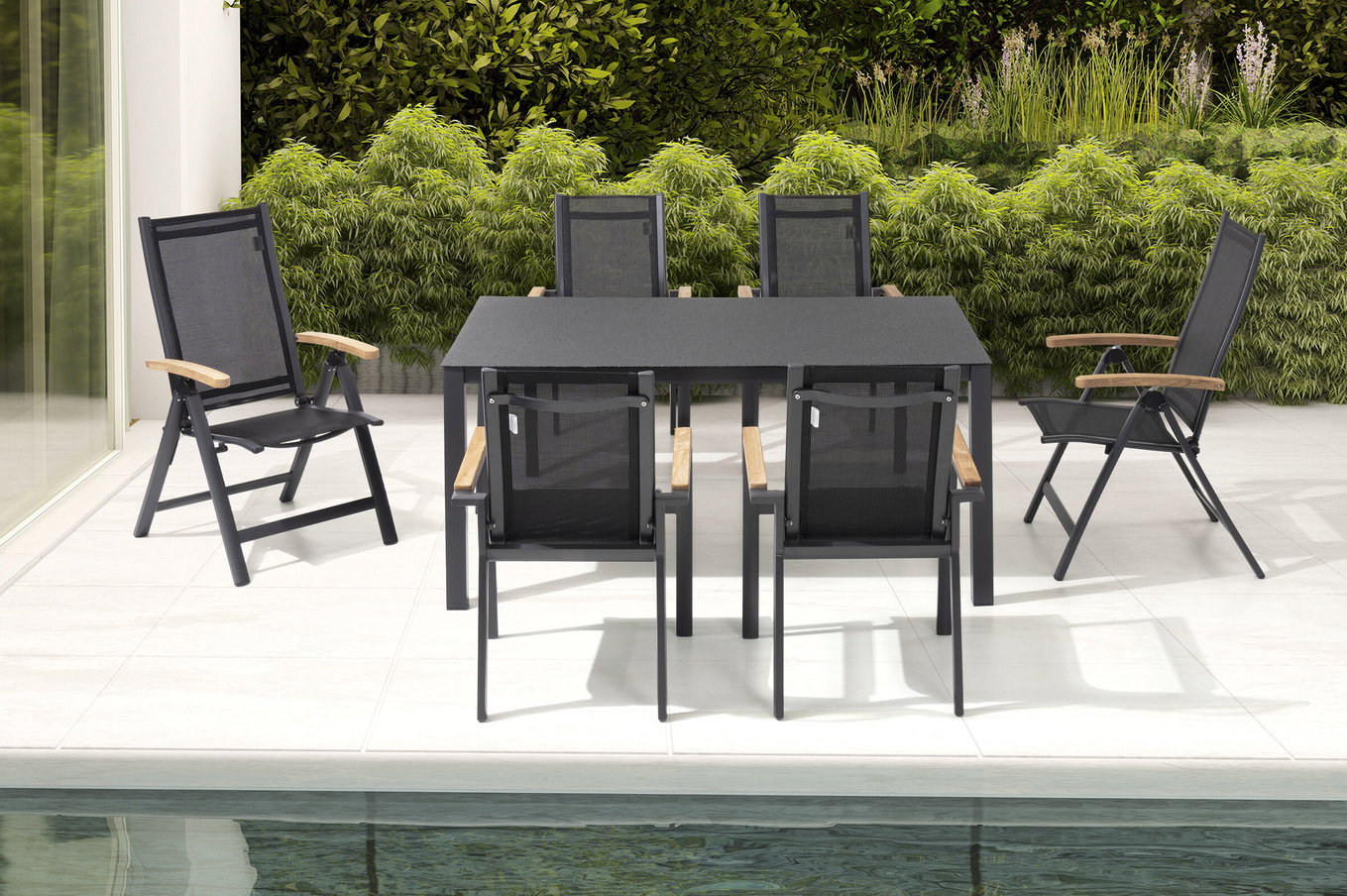 OUTFLEXX Set da pranzo da giardino, antracite opaco, Alu/Spraystone/Textilene, 160x95 cm, 4 poltrone, 2 sedie pieghevoli, braccioli in teak 28184__1