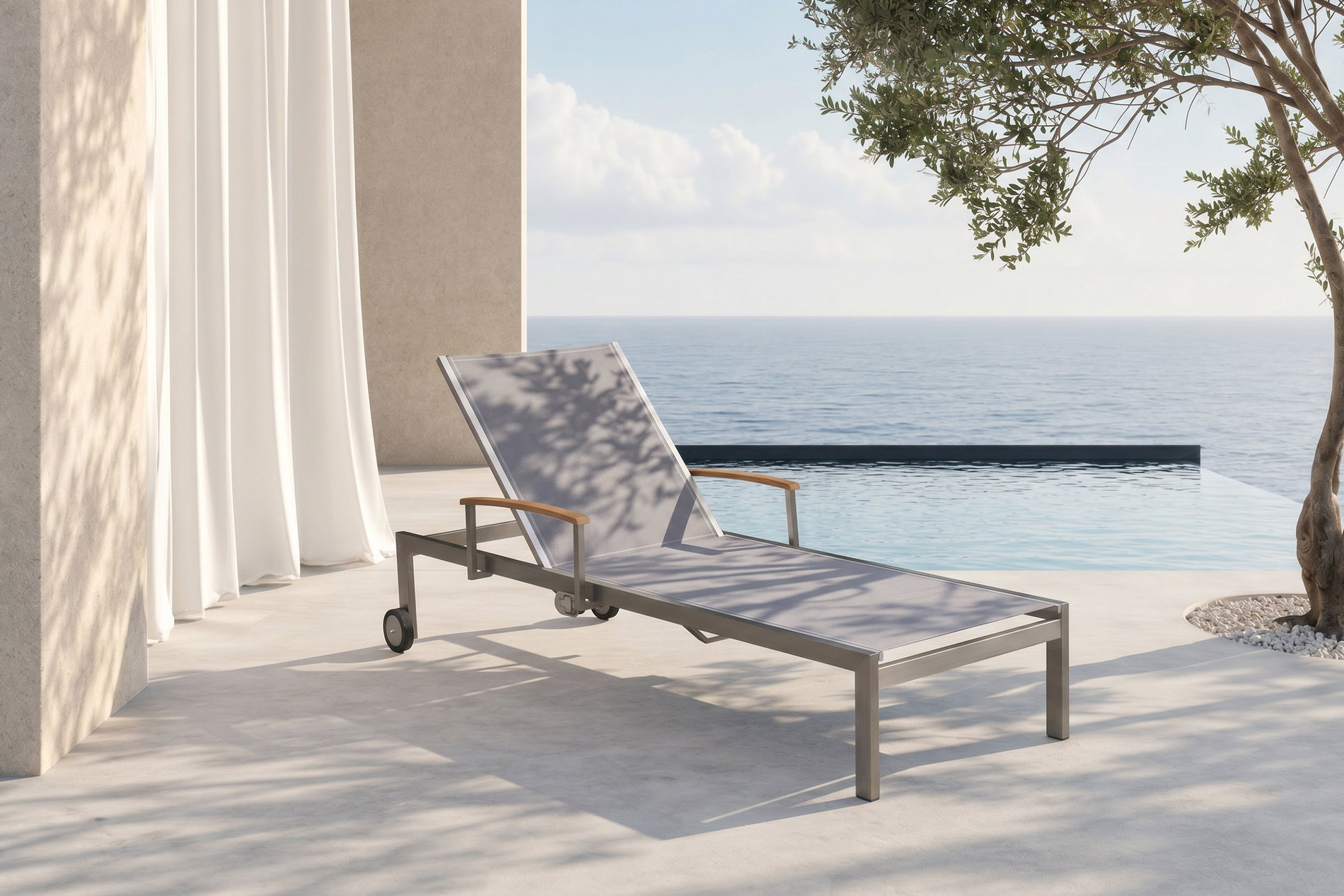OUTFLEXX Lettino a rotelle, tortora, acciaio inox/textilene, con molla a gas, 195 x 74 cm