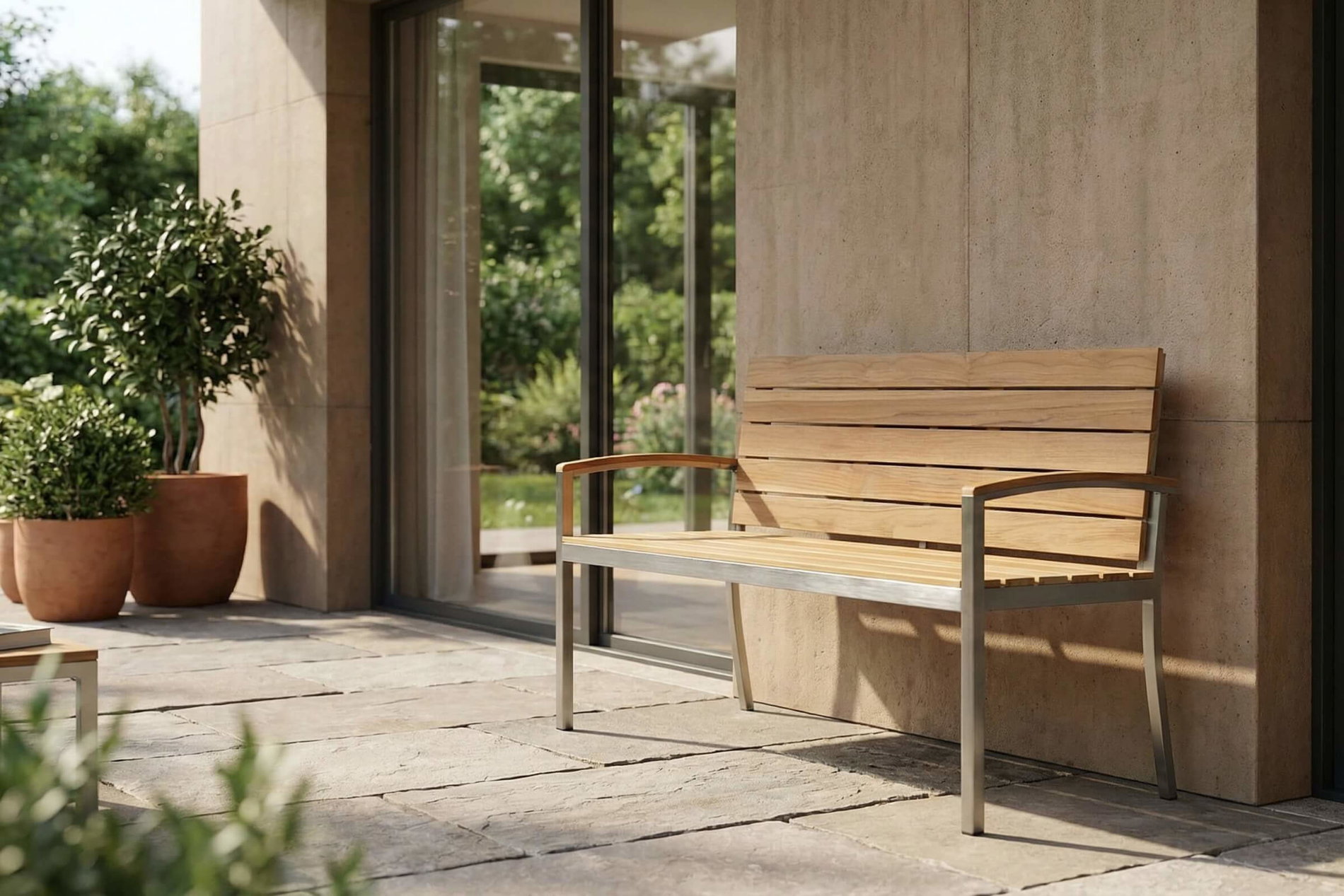 OUTFLEXX Panchina da giardino, legno di teak/acciaio inox, 2 posti, 130x55x80cm, prodotto certificato FSC®