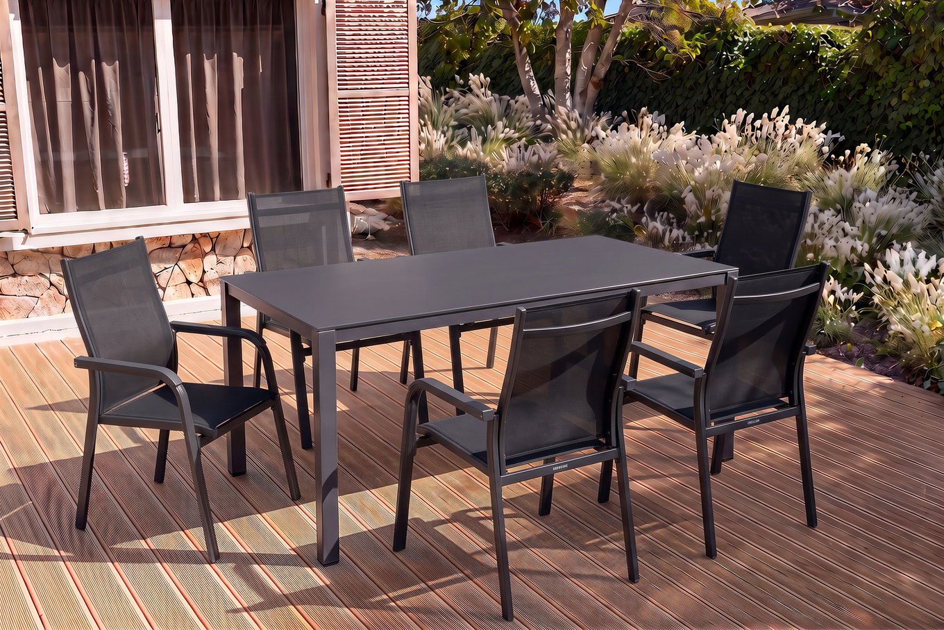 Kettler Gruppo tavolo da pranzo, antracite/antracite, Tavolo da pranzo Kettalux-Plus 160x95cm, 6 poltrone impilabili BasicPlus