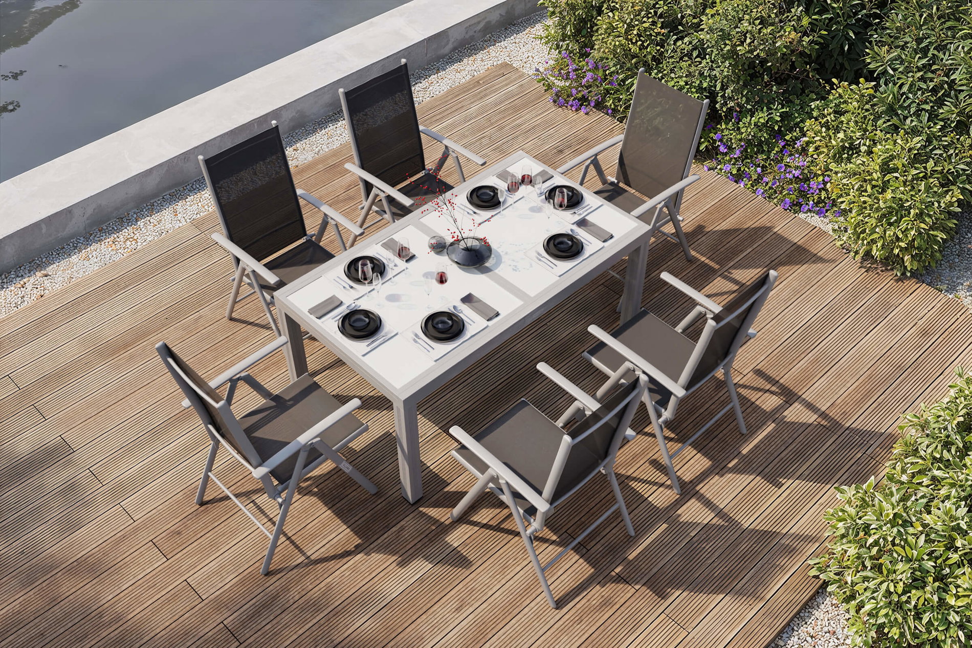 VILLANA Set da pranzo da giardino, argento/nero, Alu/Textil, tavolo 160/220 cm, 6 sedie pieghevoli