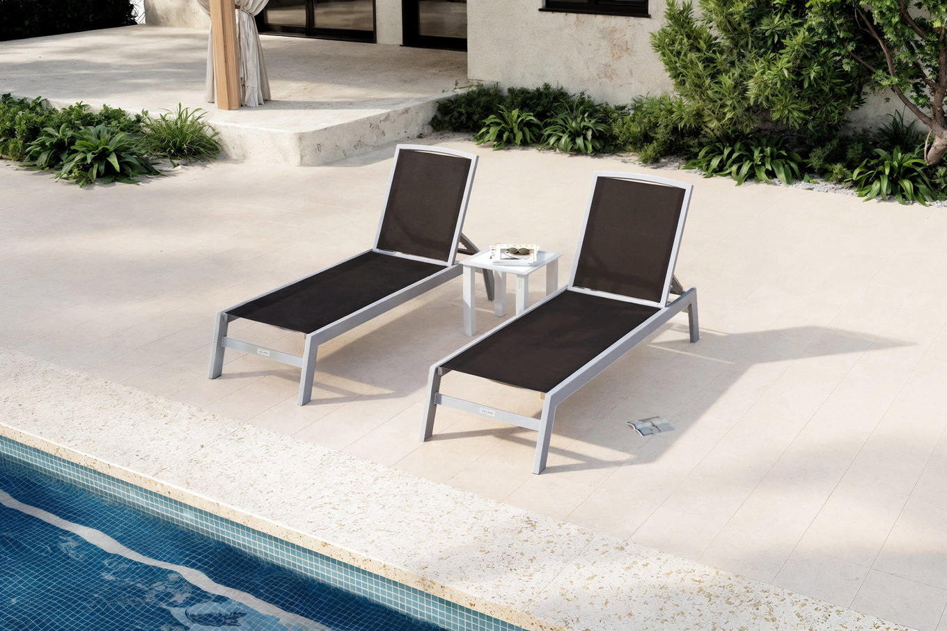 VILLANA Set da 2 Lettini da Sole, argento/nero, Alu/Tessile, 198x66x32cm, con Tavolino 45x45cm