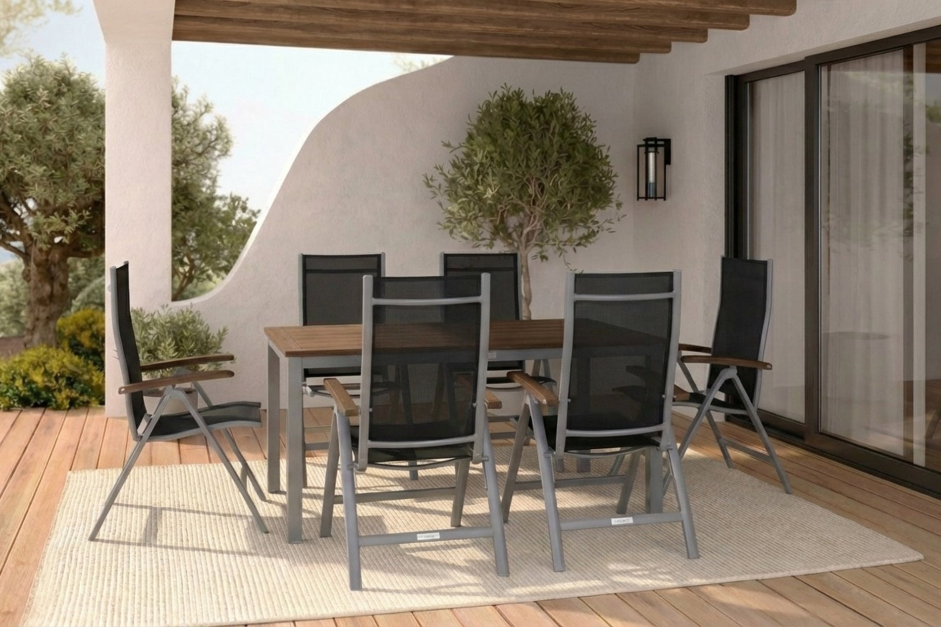 VILLANA Gruppo da pranzo da giardino, argento/nero, Alluminio / Acacia, Tavolo da giardino 150 x 90 cm, 6 Sedie pieghevoli, Prodotto certificato FSC®