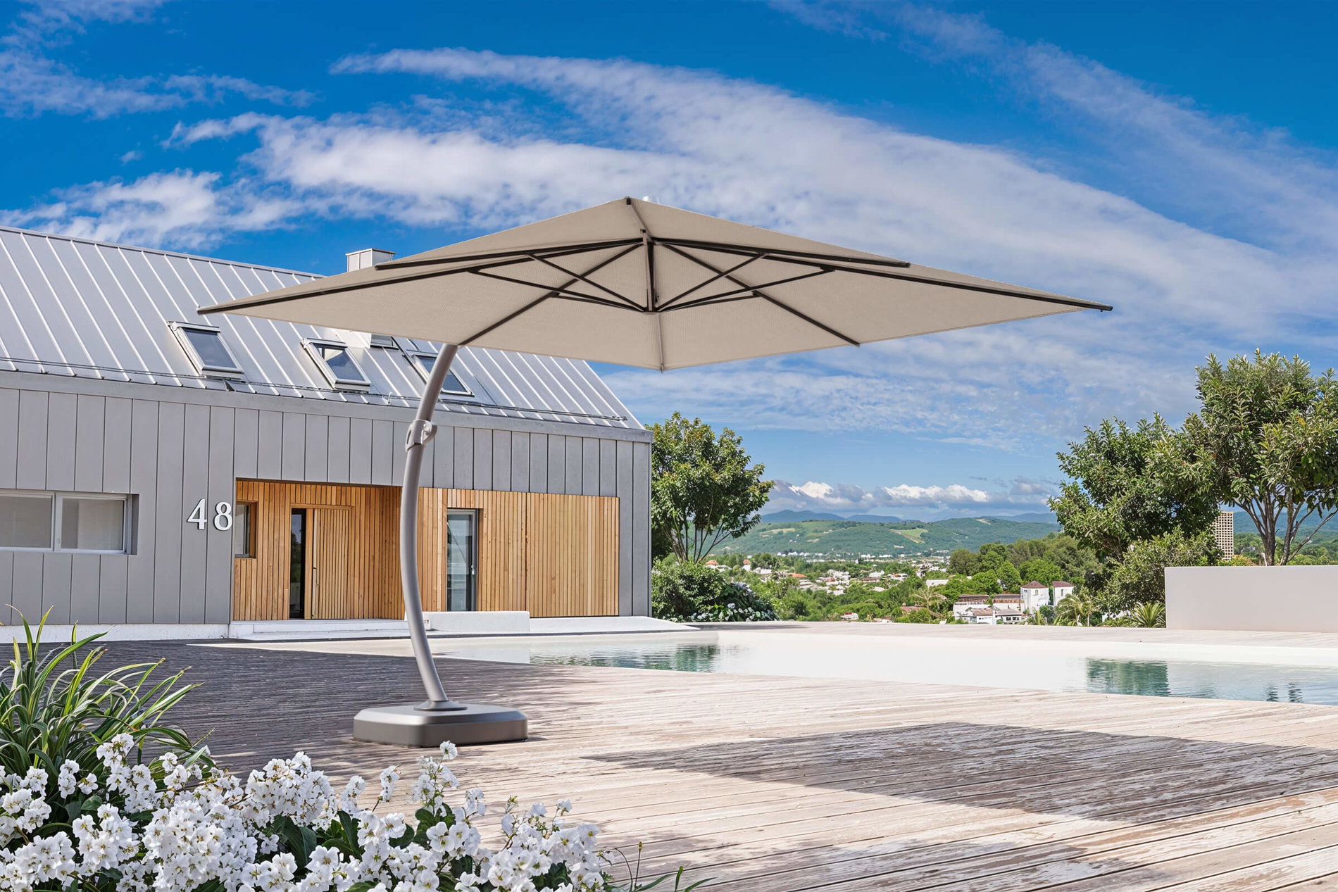 OUTFLEXX Ombrellone decentrato di lusso, antracite/crema, acciaio inox/alluminio, 350 x 350 cm, incl. base ombrellone e custodia protettiva