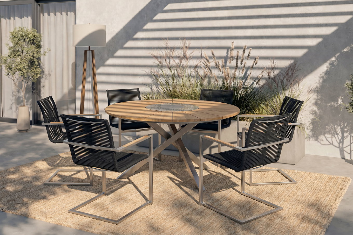Set da pranzo da giardino OUTFLEXX, argento/nero, acciaio inox/teak, tavolo da pranzo Ø 170 cm, 6 sedie a sbalzo, prodotto certificato FSC®