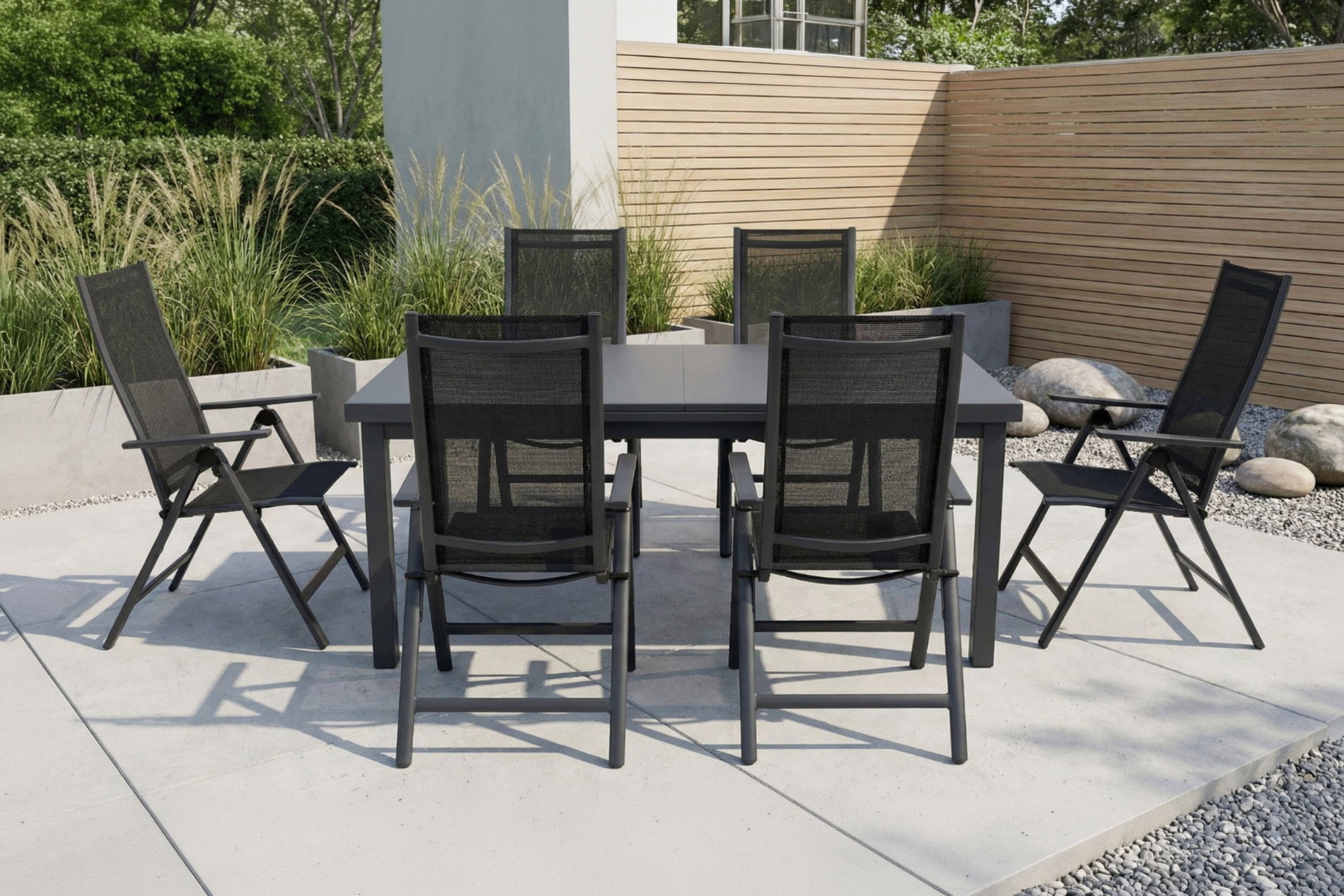 OUTFLEXX Premium Set da pranzo da giardino, antracite opaco, Alu/Textilene, tavolo 180/240x100cm, 6 Sedie pieghevoli