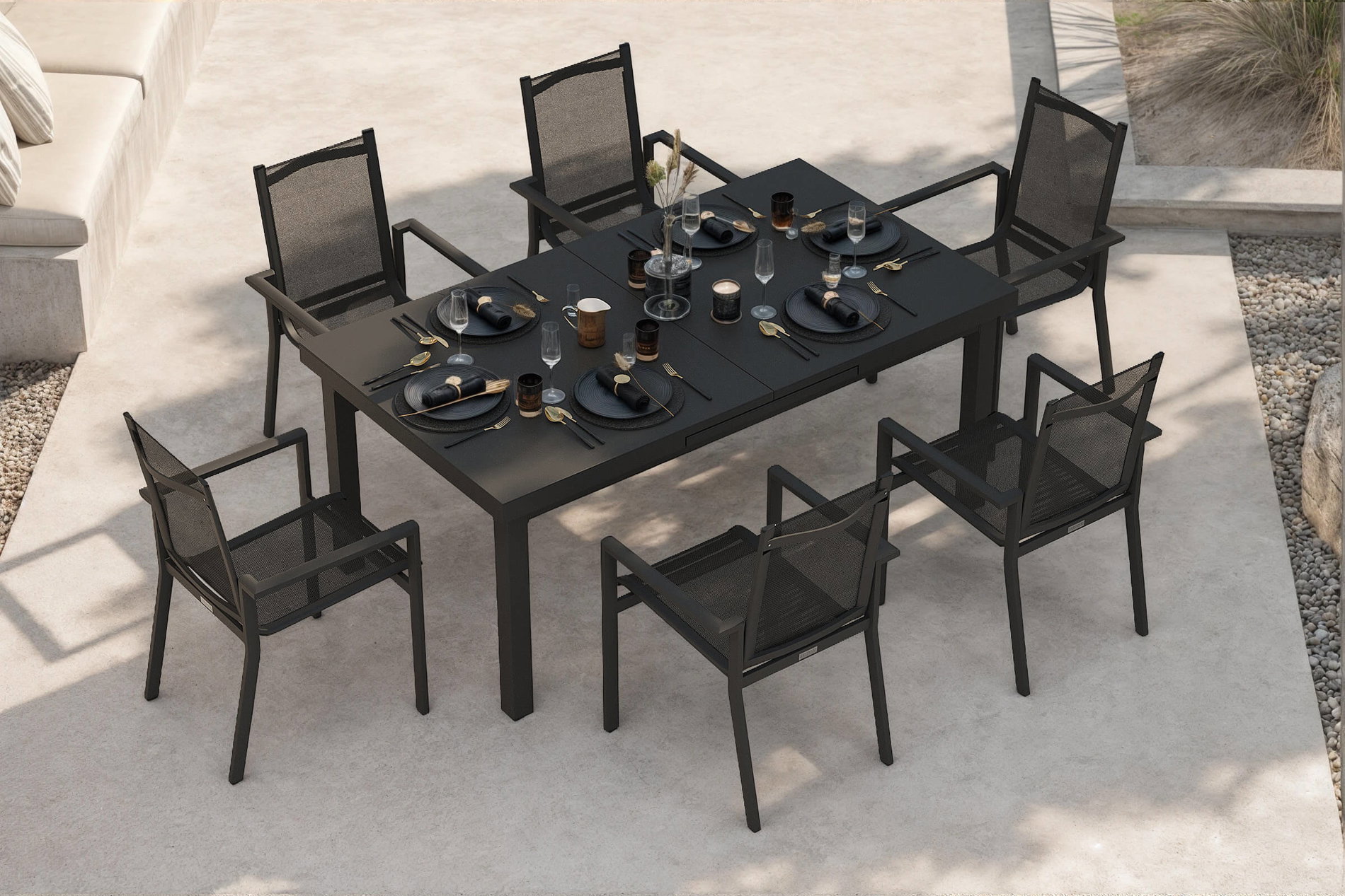 OUTFLEXX Premium Gruppo da pranzo da giardino, OUTFLEXX® antracite opaco, Alu/Textilene, tavolo 180/240x100cm, 6 Sedie impilabili