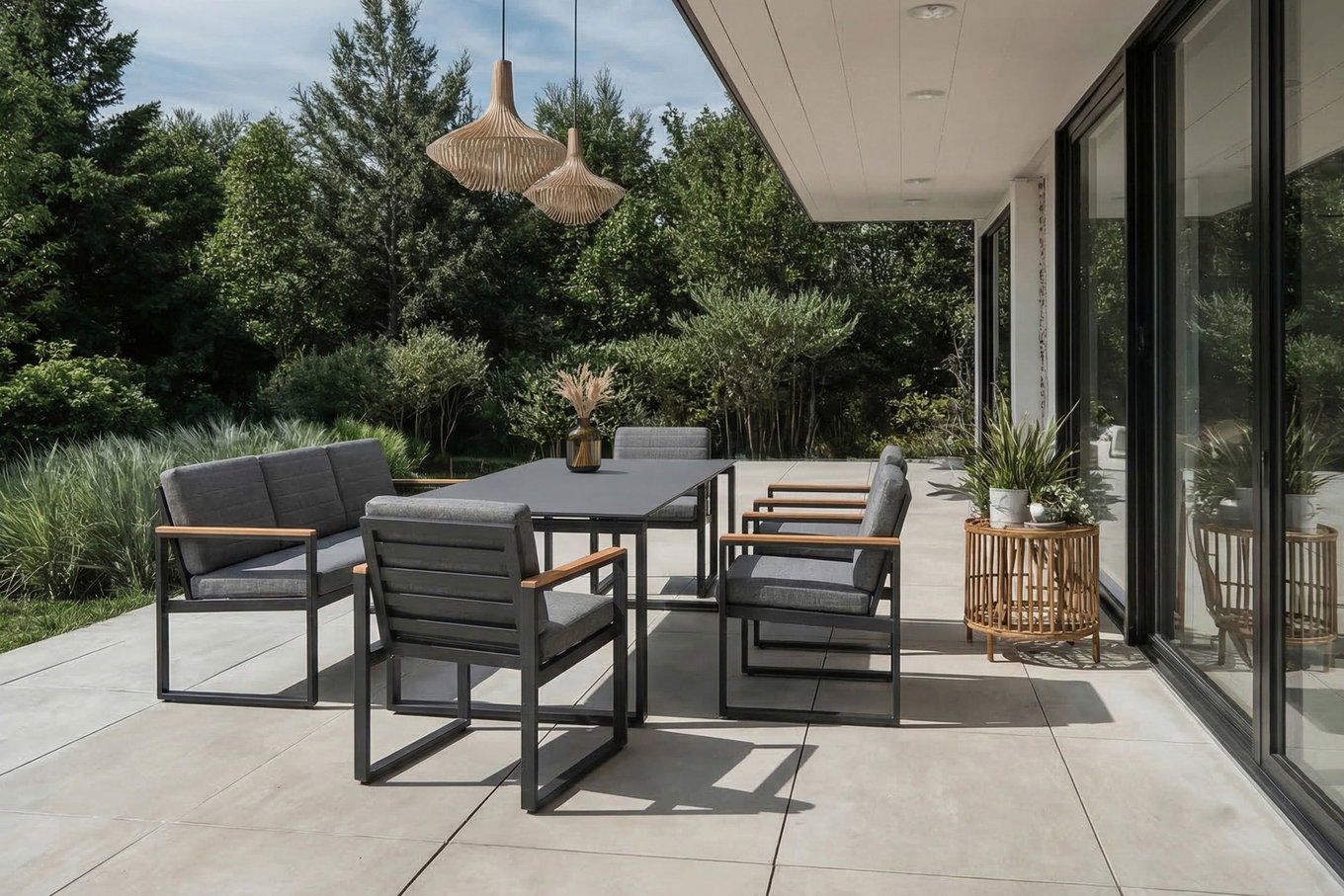 OUTFLEXX Alexander Set da pranzo da giardino, grigio opaco, alluminio/teak, tavolo allungabile 206/266x100cm, 4 sedie, panca 3 posti, incl. cuscini