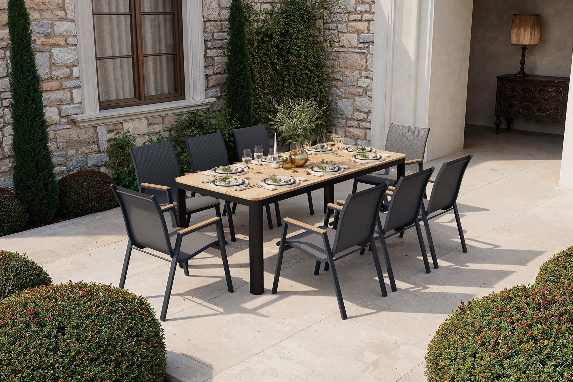 OUTFLEXX Tallinn Gruppo pranzo da giardino con 8 sedie impilabili, antracite opaco/naturale, alluminio/imitazione legno, 200 x 90 cm