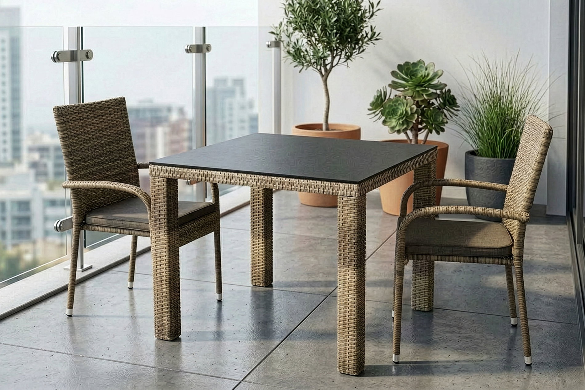OUTFLEXX Rabida Set da balcone, color champagne-mélange, polyrattan, tavolo 90x90 cm, 2 sedie impilabili, piano in vetro effetto pietra