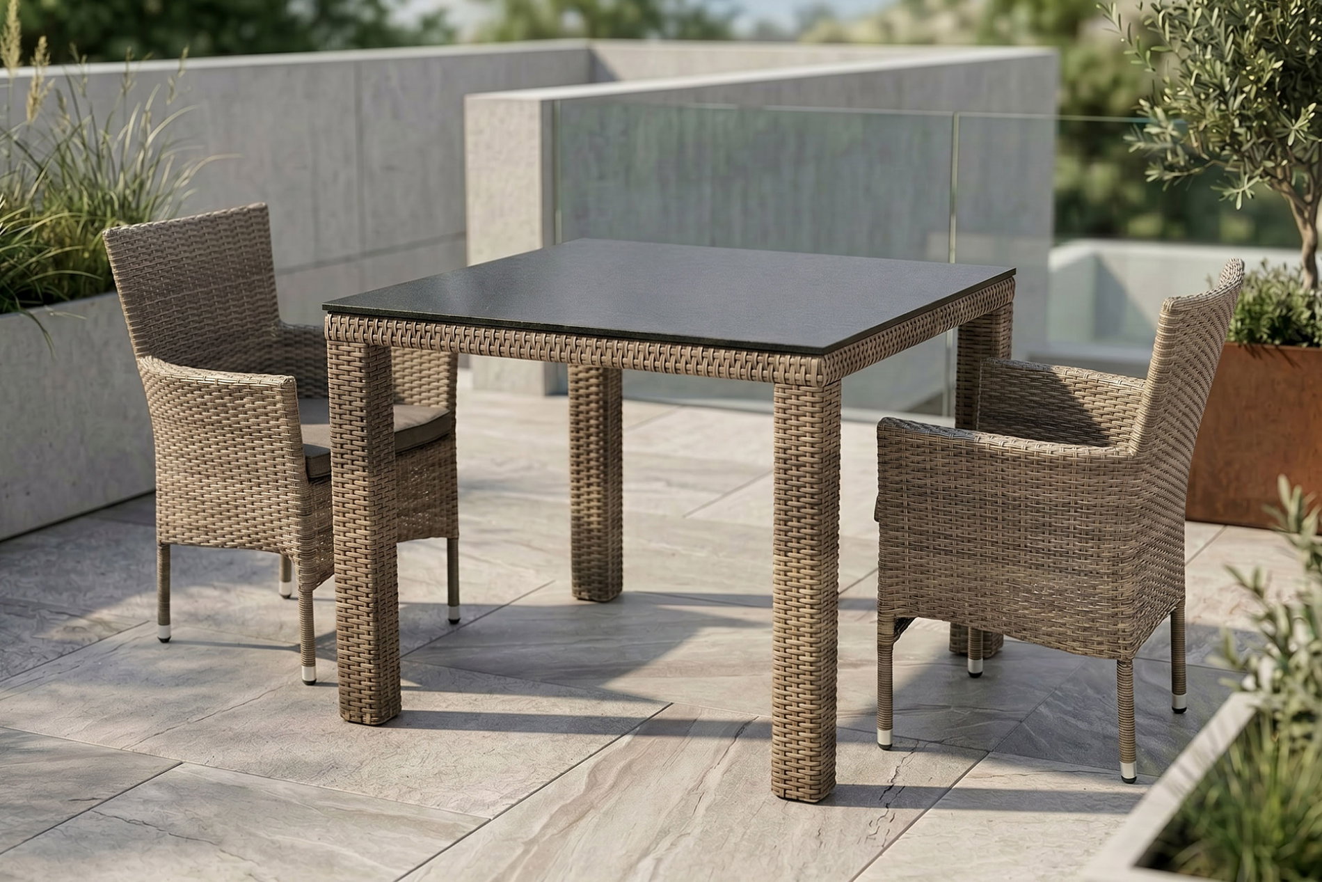 OUTFLEXX Rabida Balkon-Set, champagner-meliert, Polyrattan, Tisch 90x90 cm, 2 Stapelsessel, Glasplatte in Steinoptik OUTFLEXX Rabida Balkon-Set, champagner-meliert, Polyrattan, Tisch 90x90 cm, 2 Stapelsessel, Glasplatte in Steinoptik