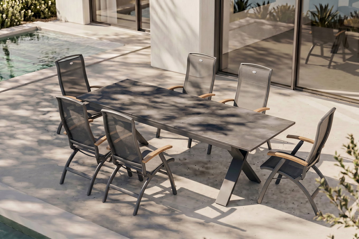 HARTMAN Sondermodell Xanadu/Da Vinci Gruppo pranzo giardino, xerix/antracite, Alu/Vetroceramica, 6 sedie pieghevoli, 220/280x100cm