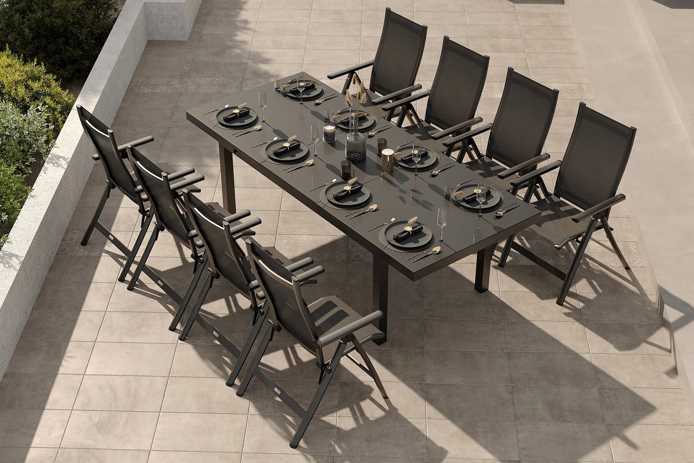 Set da pranzo da giardino Premium OUTFLEXX, antracite/grigio, alluminio/Textilene, tavolo allungabile 180/240x100cm, 8 sedie pieghevoli
