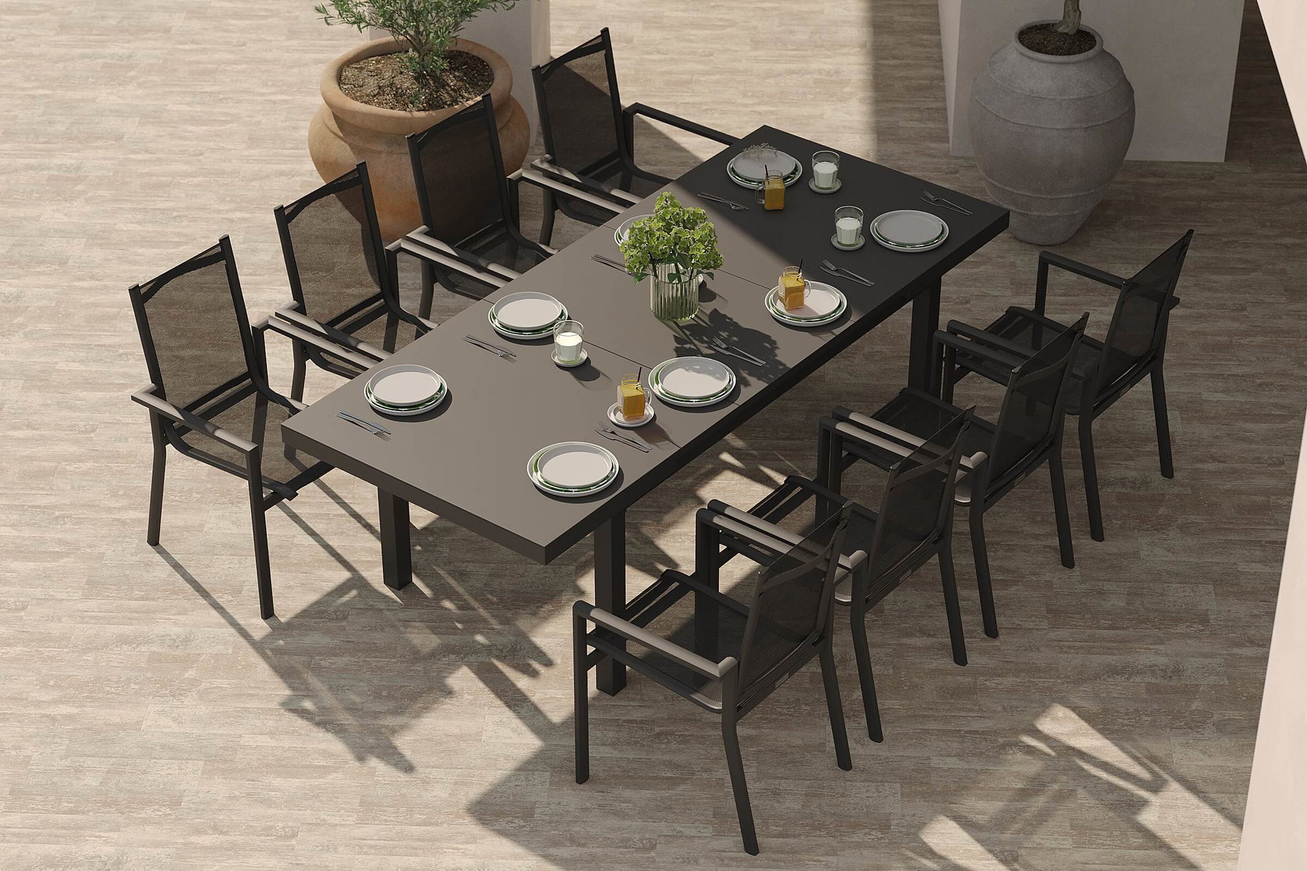 Gruppo pranzo da giardino Premium OUTFLEXX, antracite/grigio, alluminio/textilene, tavolo allungabile 180/240x100cm, 8 poltrone impilabili