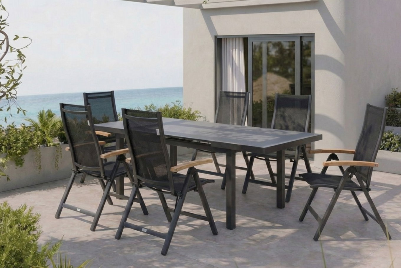 Set da Pranzo Giardino Premium OUTFLEXX, OUTFLEXX® antracite opaco, Alluminio / Vetro / Teak, tavolo 180/240x100cm, 6 Sedie Pieghevoli