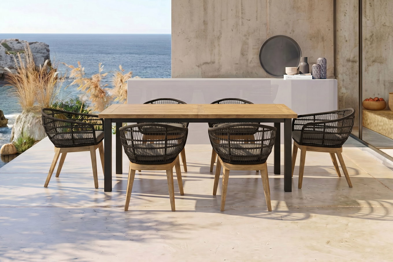 OUTFLEXX Oxford set da pranzo da giardino, antracite/naturale, acciaio inossidabile/teak riciclato/Rope, 200/260 x 100 cm, 6x poltrone, prodotto certificato FSC®