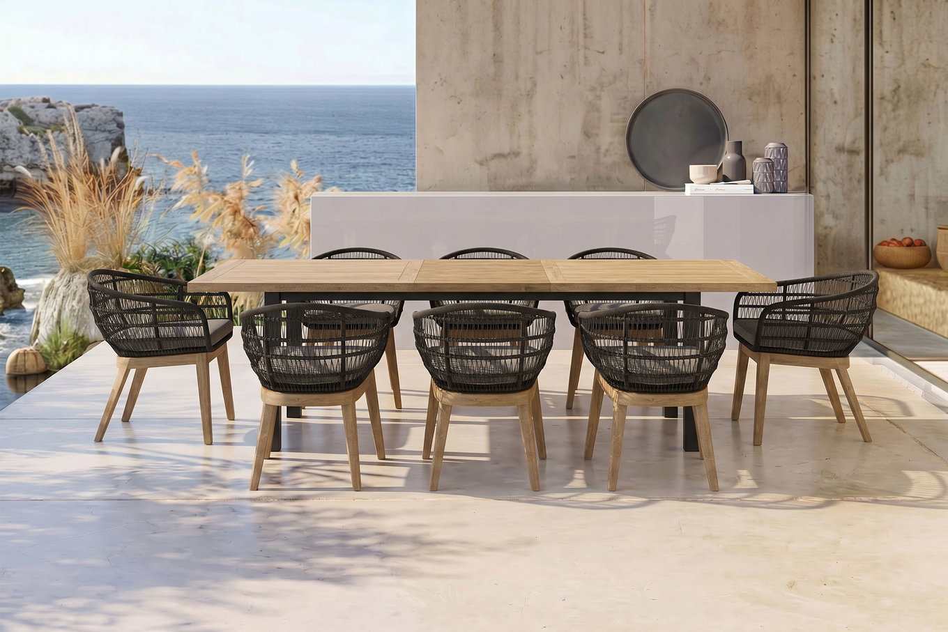 OUTFLEXX Oxford Set da pranzo da giardino, antracite/naturale, acciaio inossidabile/teak riciclato/Rope, 200/260 x 100 cm, 8x poltrone, prodotto certificato FSC®