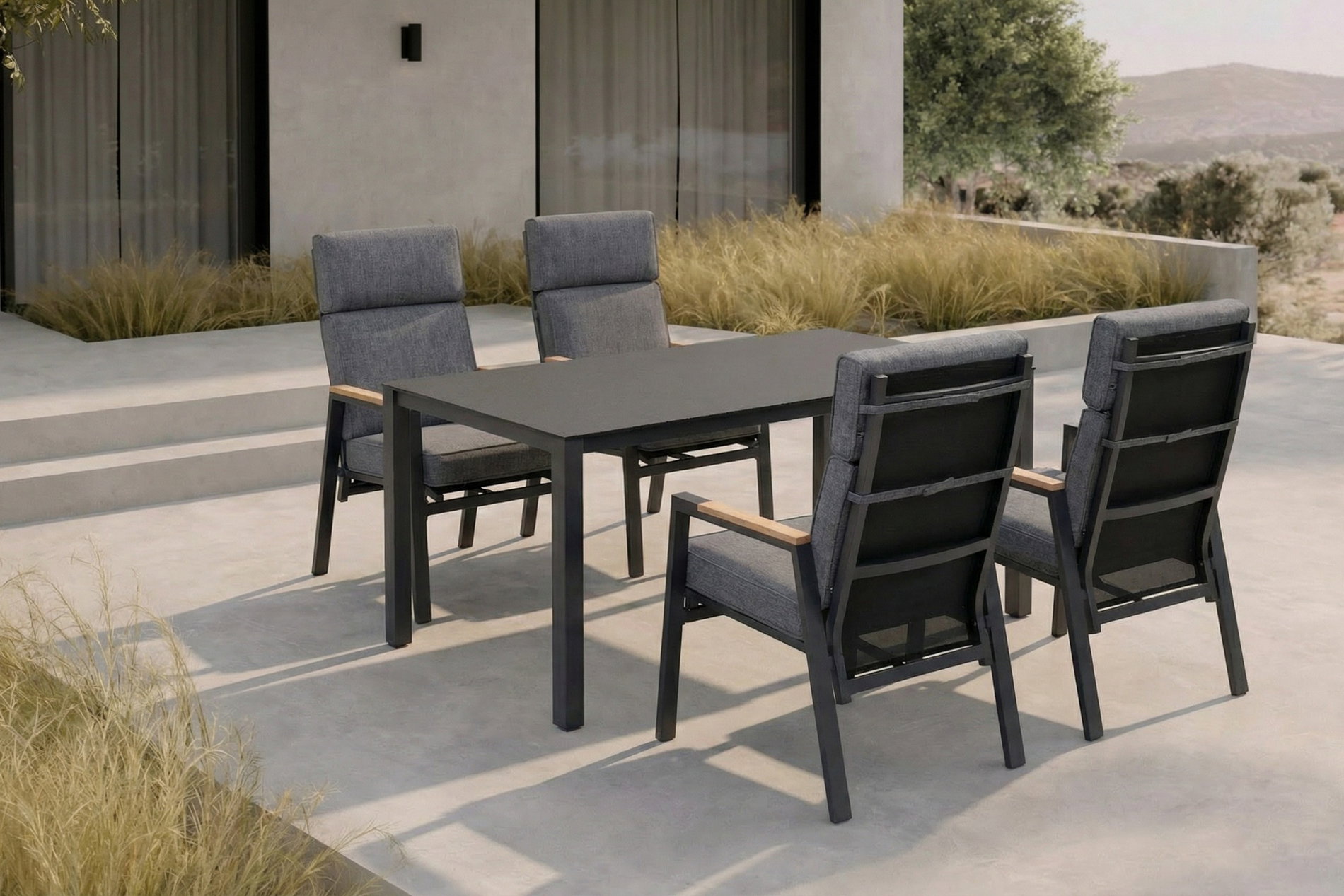 OUTFLEXX Set da pranzo da giardino, antracite opaco, Alu/Spraystone/Poliestere, 160x95 cm, 4 poltrone, inclusi cuscini