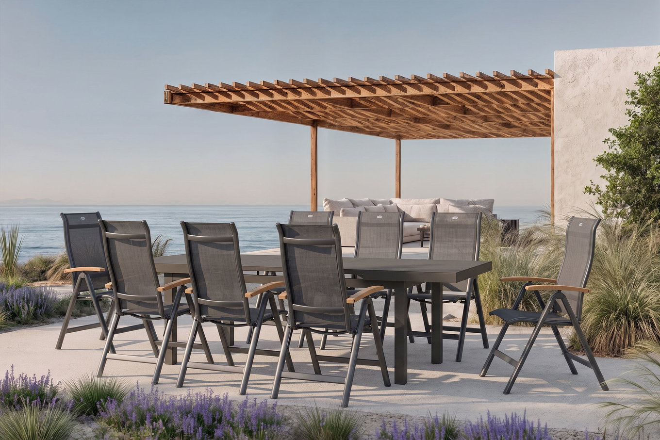 HARTMAN Alice Gruppo pranzo da giardino, xerix/antracite, Alu/Vetro temperato/2x2 Textilene, 180/240x100 cm, 8 sedie pieghevoli, allungabile