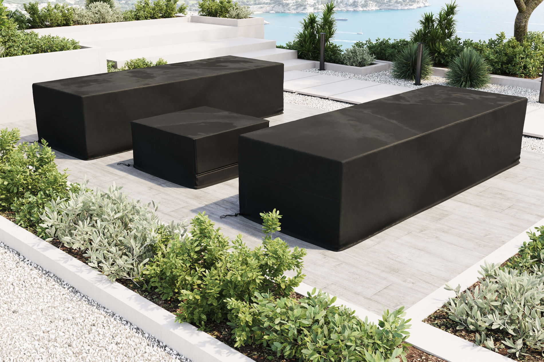 Set di coperture OUTFLEXX per lettini da giardino, nero, tessuto Ripstop/poliestere, idrorepellente, protezione UV