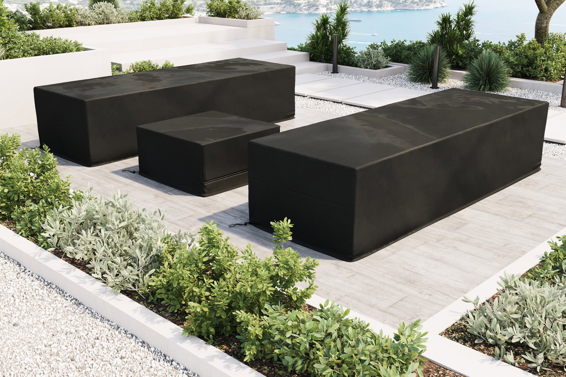 Set di coperture OUTFLEXX per lettini da giardino, nero, tessuto Ripstop/poliestere, idrorepellente, protezione UV