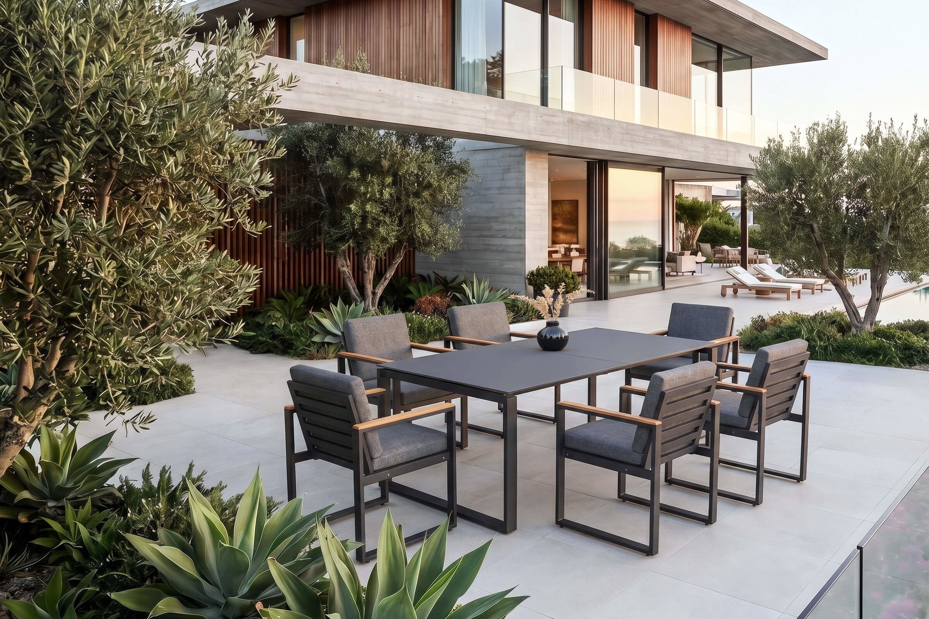 OUTFLEXX Bocas Set pranzo da giardino, grigio opaco, Alluminio/Legno di teak, Tavolo allungabile 206/266 x 100 cm, incluse 6 sedie OUTFLEXX Bocas Set pranzo da giardino, grigio opaco, Alluminio/Legno di teak, Tavolo allungabile 206/266 x 100 cm, incluse 6 sedie